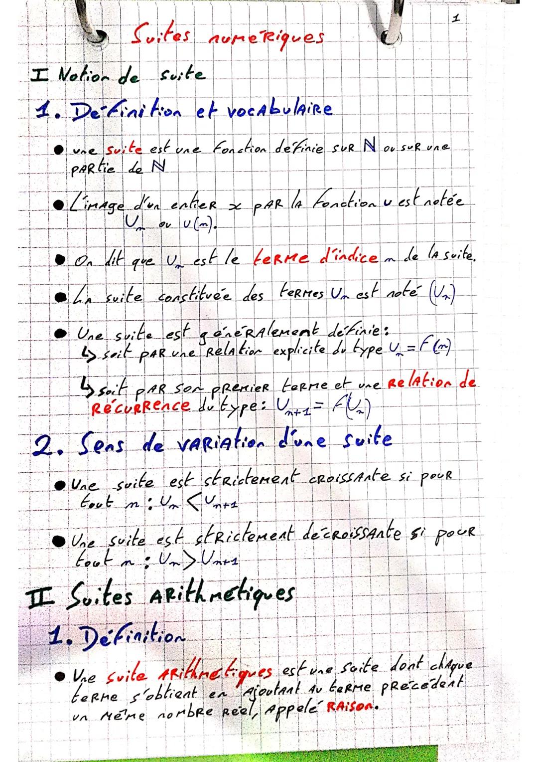 # Suites numériques

I Notion de suite

1. Definition et vocabulaire.

- une suite est une fonction définie SUR N OU SUR une
Partie de N

- 
