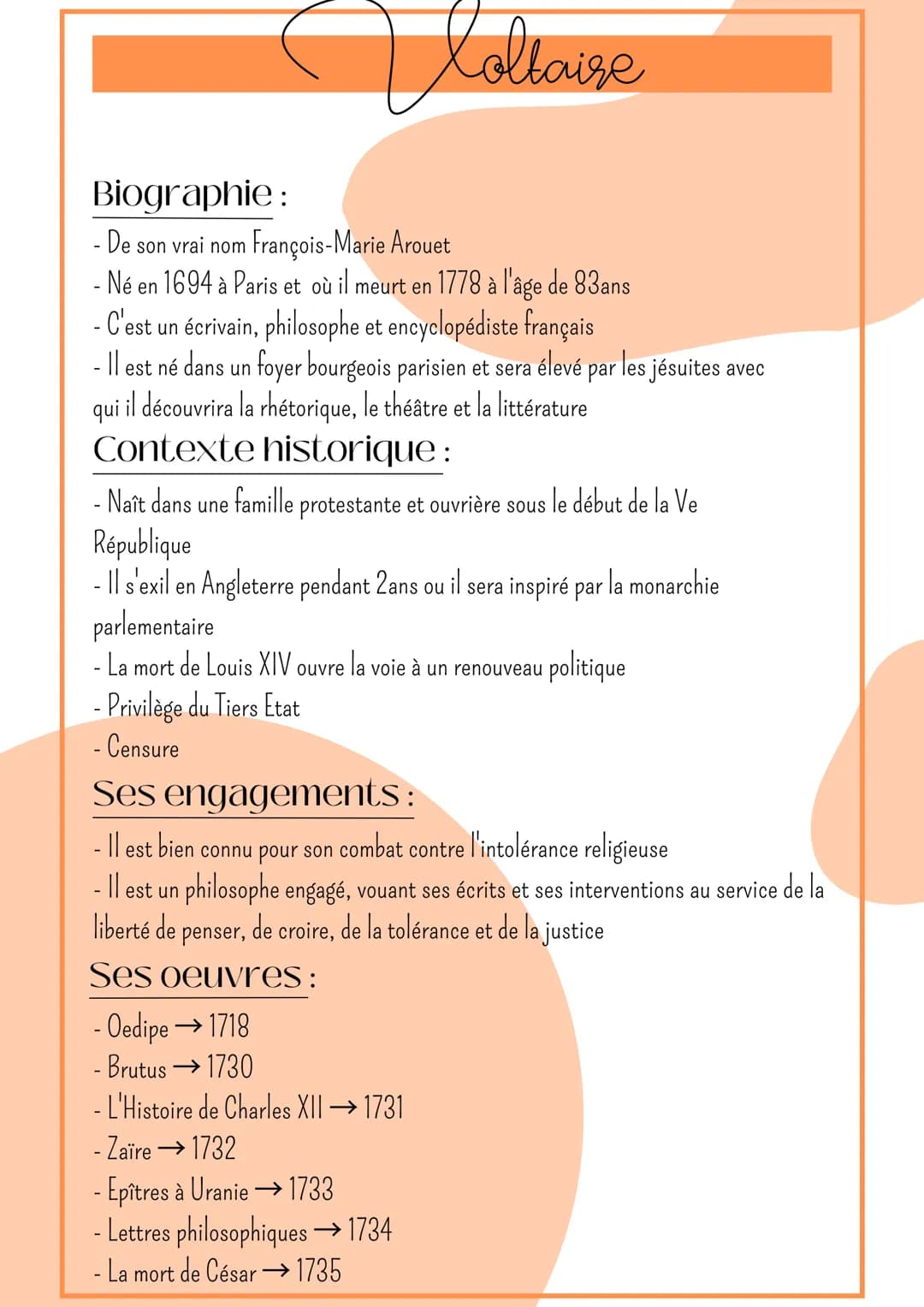 Voltaire
Biographie:
- De son vrai nom François-Marie Arouet
- Né en 1694 à Paris et où il meurt en 1778 à l'âge de 83ans
- C'est un écrivai
