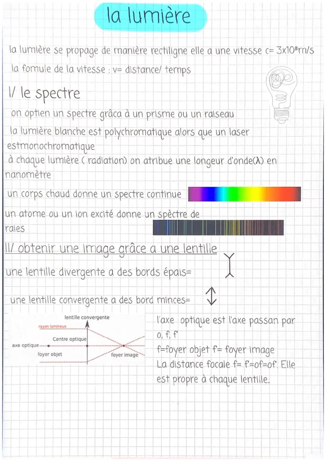 la lumière se propage de manière rectiligne elle a une vitesse c= 3x10³m/s
la fomule de la vitesse : v= distance/ temps
W/ le spectre
on opt