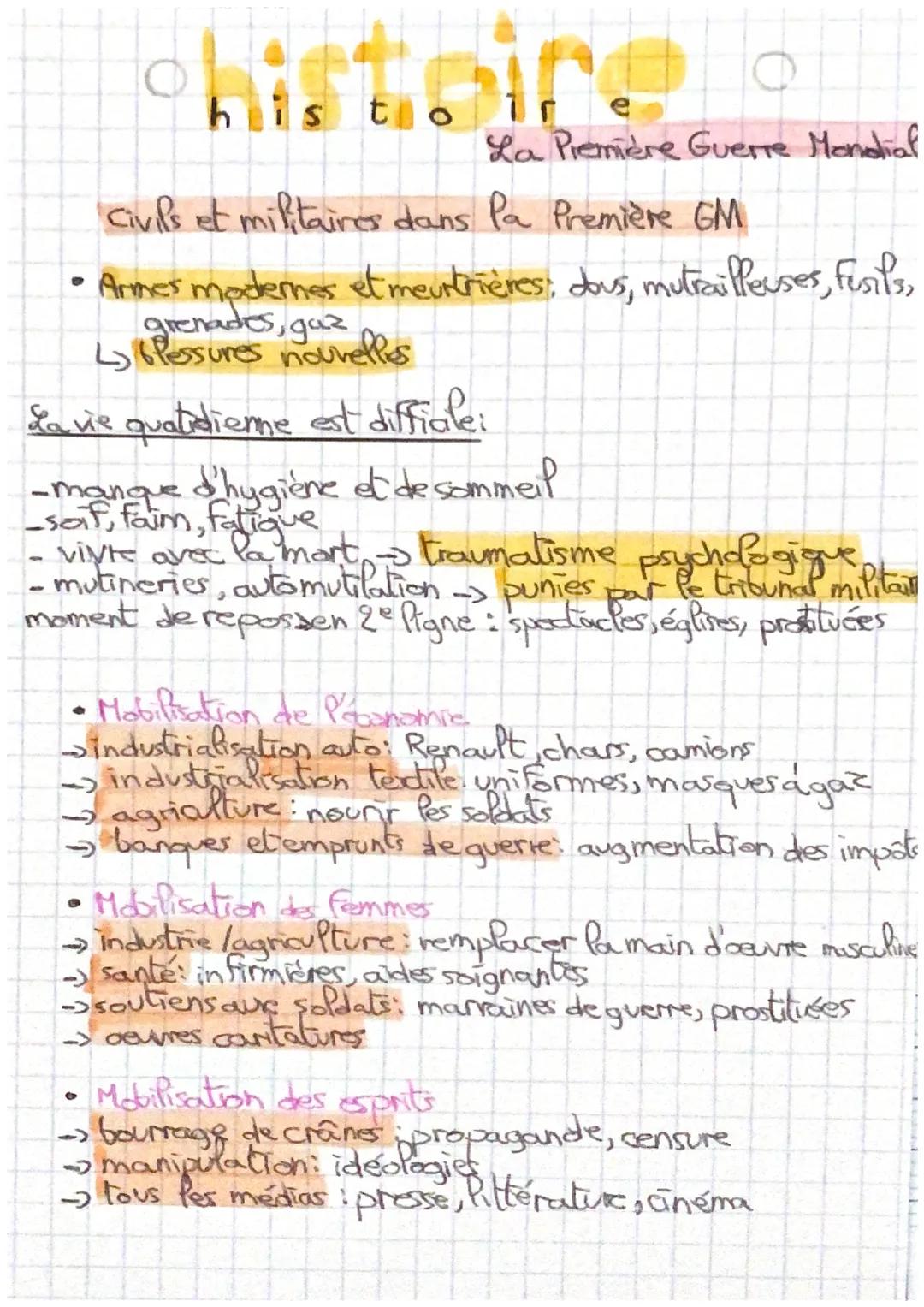 histo
ir
La Première Guerre Mondial
Civils et militaires dans la Première GM
• Armes modernes et meurtrières, dous, mutrailleuses, fusils,
g