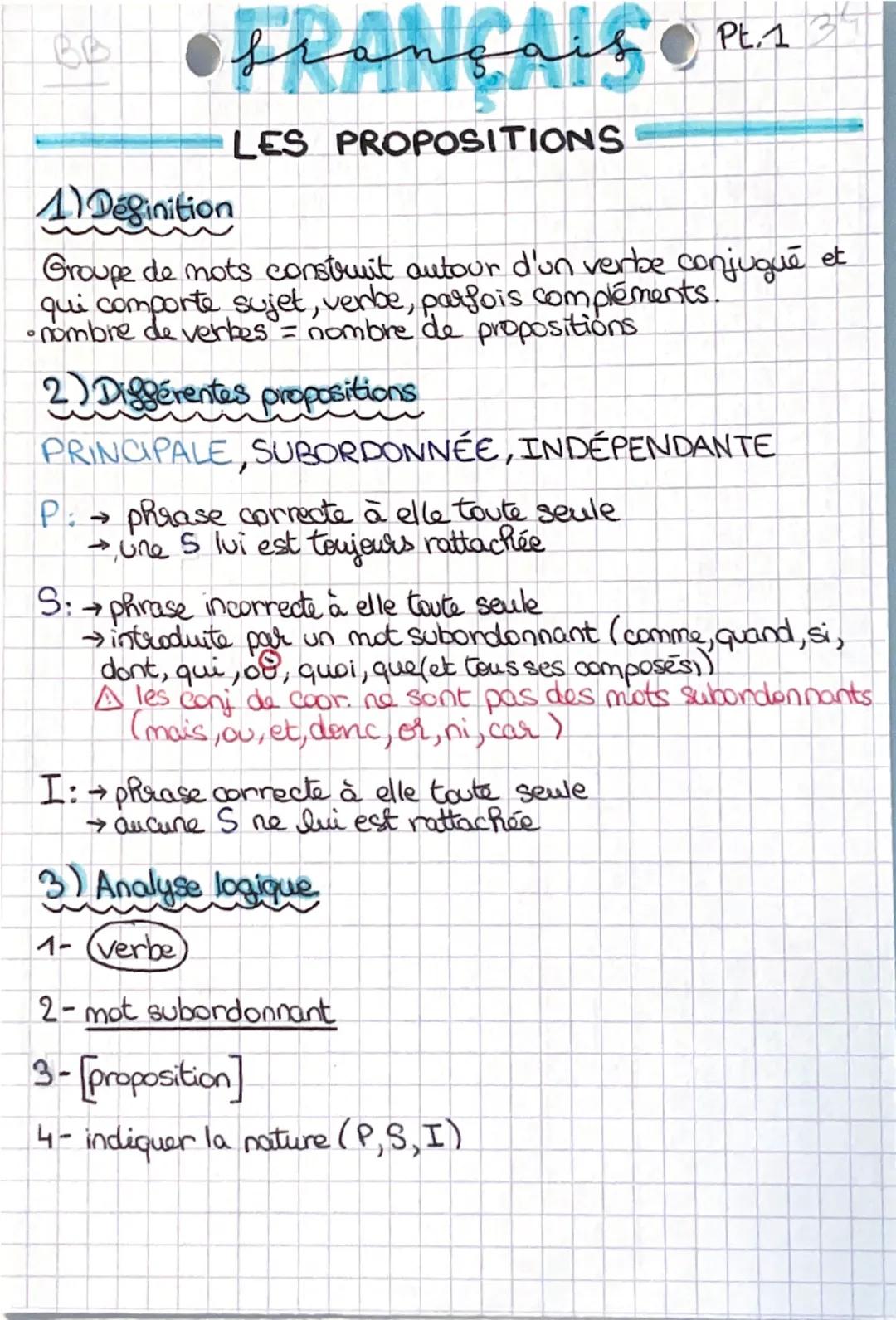 ## BB
## français Pt.1
## LES PROPOSITIONS

1) Définition
Groupe de mots construit autour d'un verbe conjugué et
qui comporte sujet, verbe, 