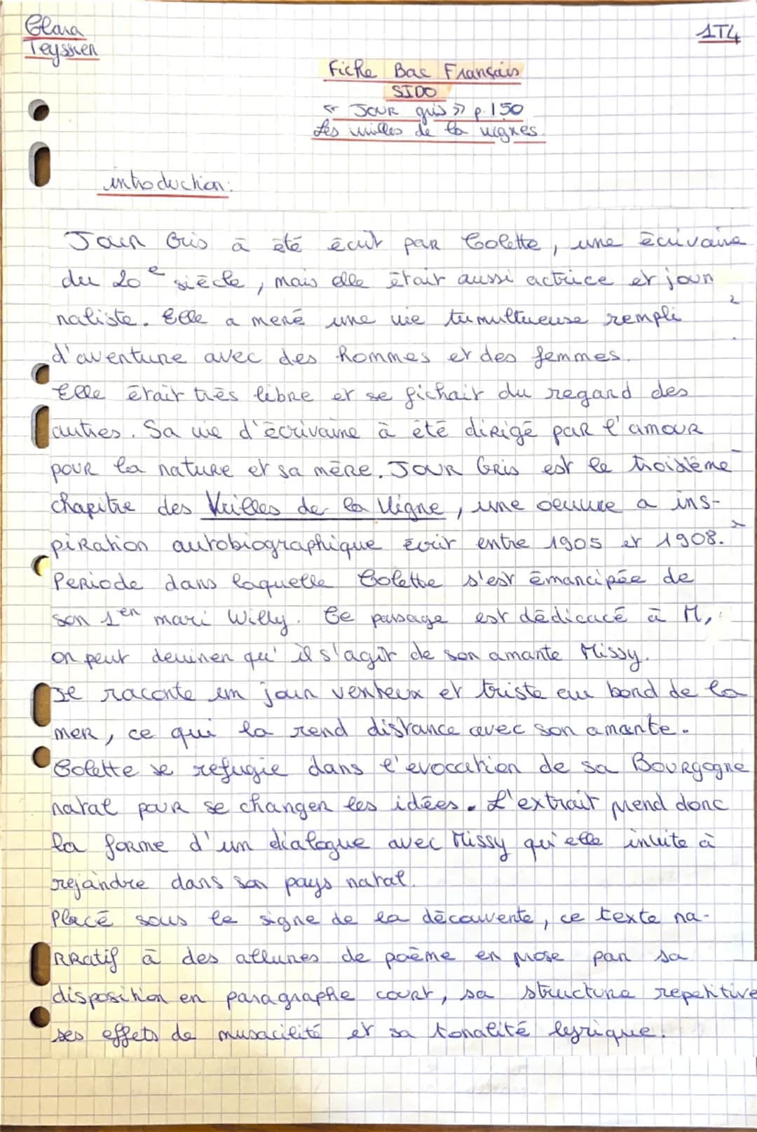 Clara
Teyssien
AT4
introduction:
Jain Gris
e
du 20
Fiche Bac Français
SIDO
FF JOUR gud » p. 150
Les willes de to vignes.
à été écut par Cole