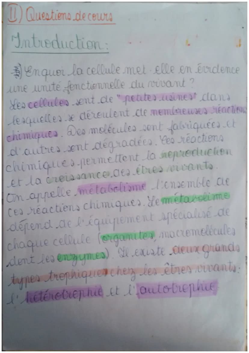 SMT
Fiche de révision du chapitre & le
métabolime des cellules
I) Définitions.
Métabolisme: ensemble des réactions chimiques
ayant lieu dans