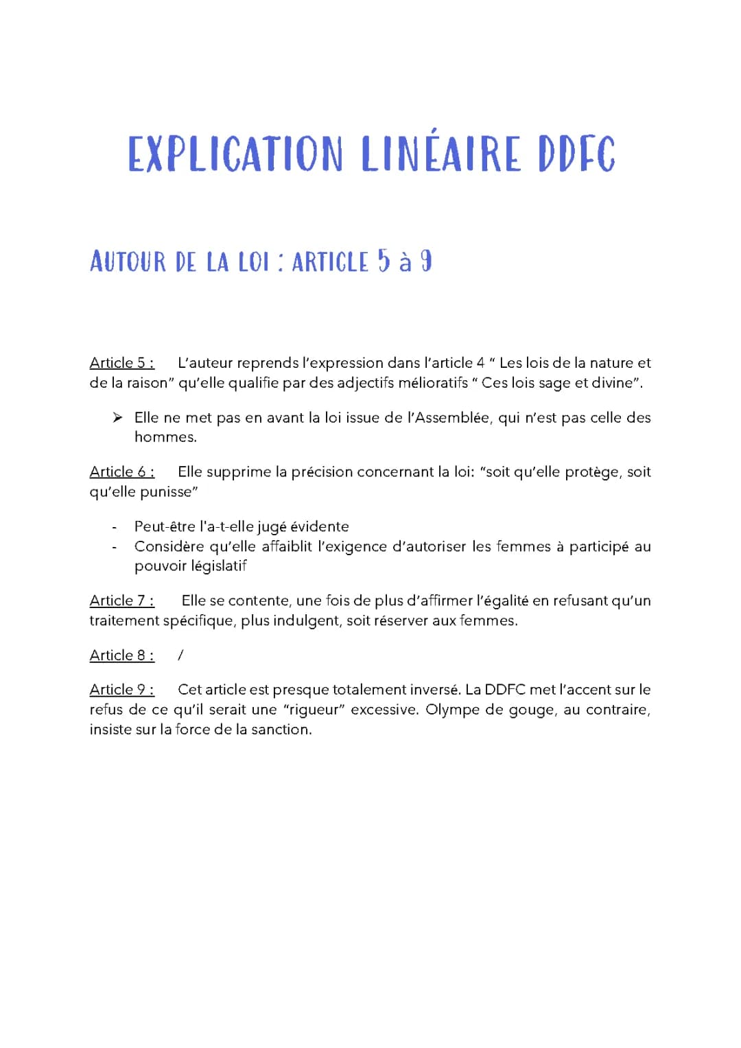Analyse Linéaire du Préambule et Postambule d'Olympe de Gouges - PDF et Exercices
