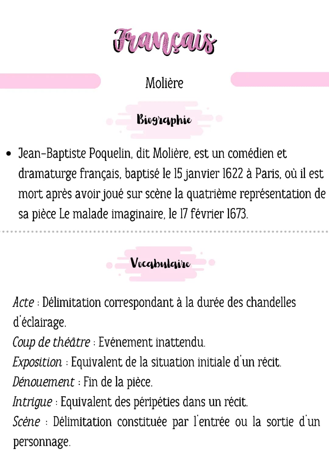 Courte Biographie de Molière et Vocabulaire Théâtre