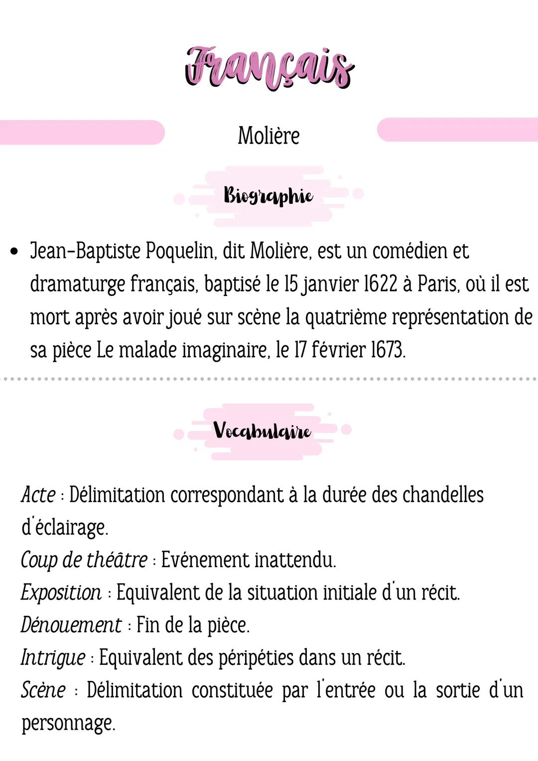 ●
Français
Biographie
Jean-Baptiste Poquelin, dit Molière, est un comédien et
dramaturge français, baptisé le 15 janvier 1622 à Paris, où il