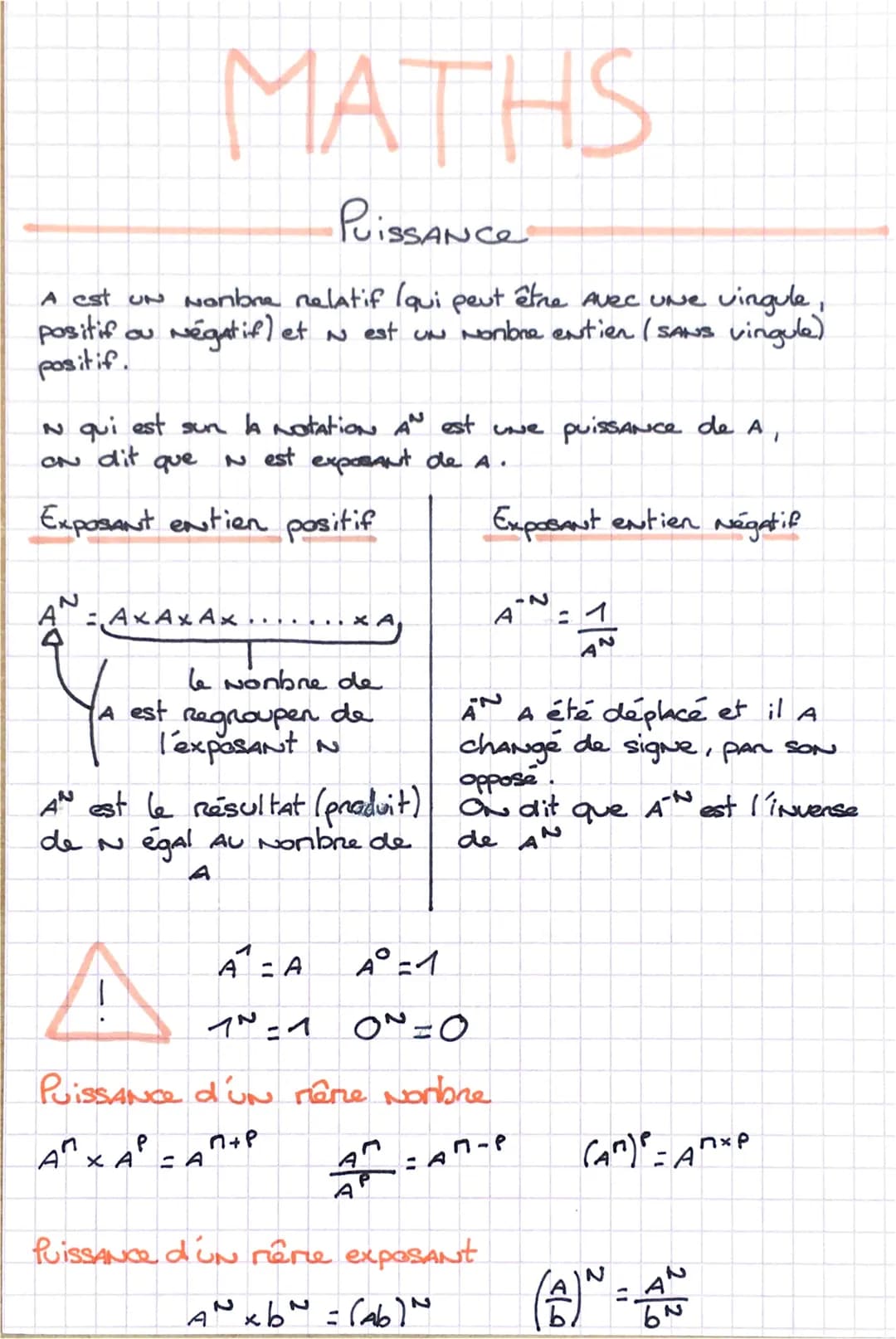 MATHS
PUISSANCE
A est uN Nombre relatif (qui peut être Avec une vingule,
positif ou
Négatif) et N est UN Nombre entien (SANS vingule)
positi