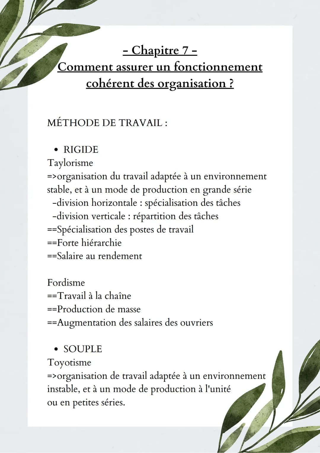Chapitre 7-
Comment assurer un fonctionnement
cohérent des organisation ?
MÉTHODE DE TRAVAIL :
• RIGIDE
Taylorisme
=>organisation du travail