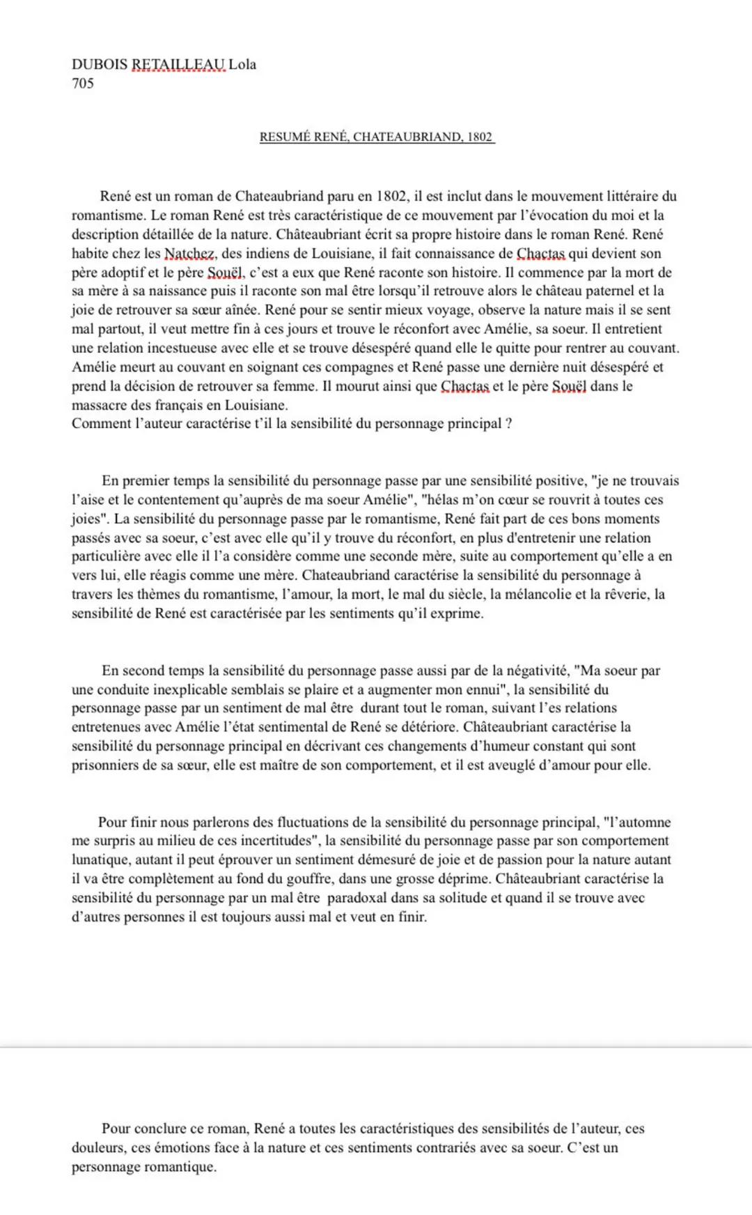 DUBOIS RETAILLEAU Lola
705
RESUMÉ RENÉ, CHATEAUBRIAND, 1802
René est un roman de Chateaubriand paru en 1802, il est inclut dans le mouvement