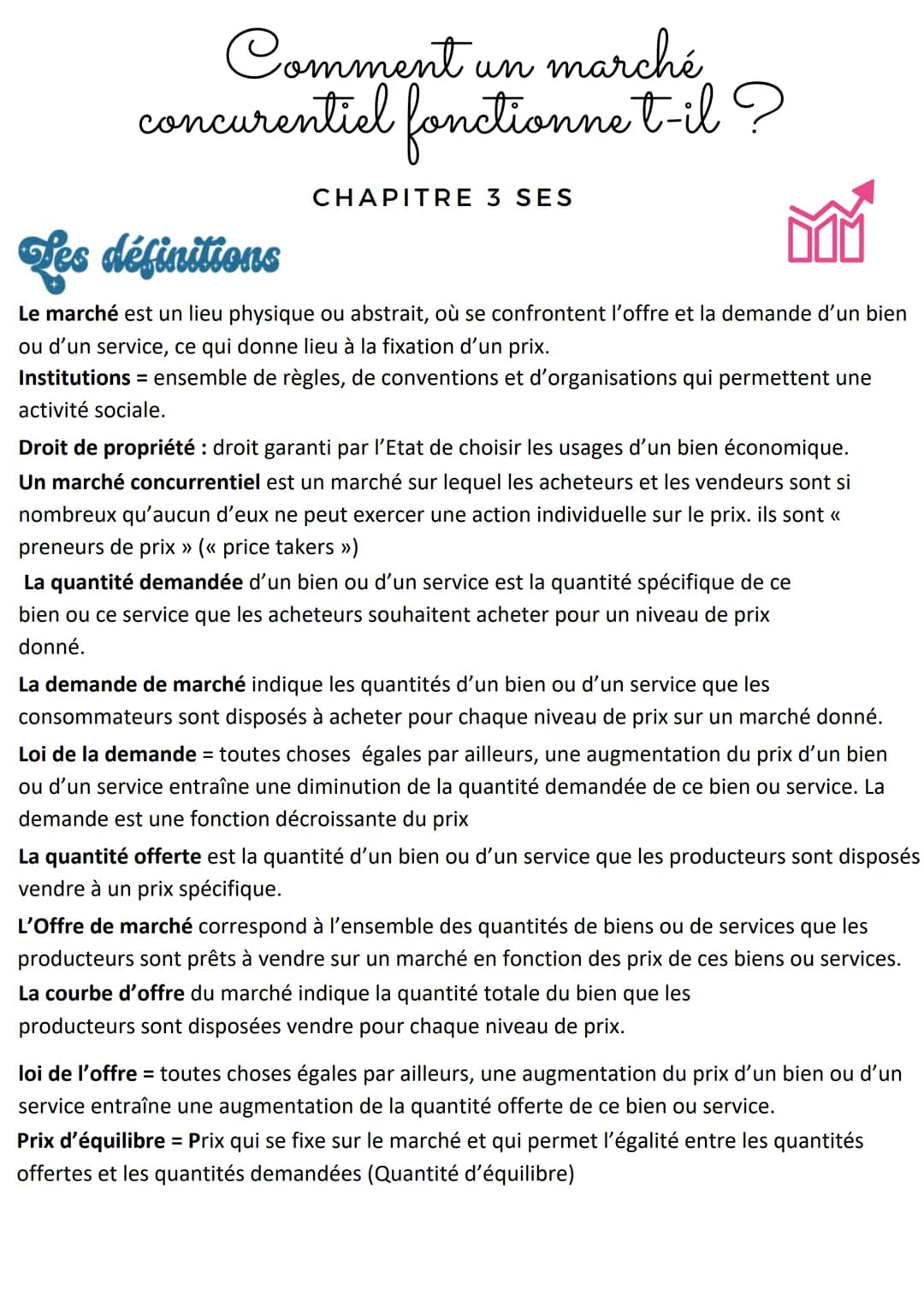 Comment un marché,
concurentiel fonctionne t-il?
CHAPITRE 3 SES
Les définitions
Le marché est un lieu physique ou abstrait, où se confronten