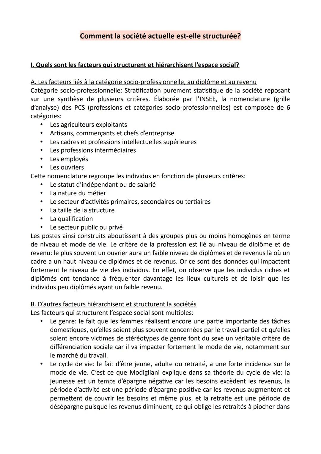 1. Quels sont les facteurs qui structurent et hiérarchisent l'espace social?
A. Les facteurs liés à la catégorie socio-professionnelle, au d