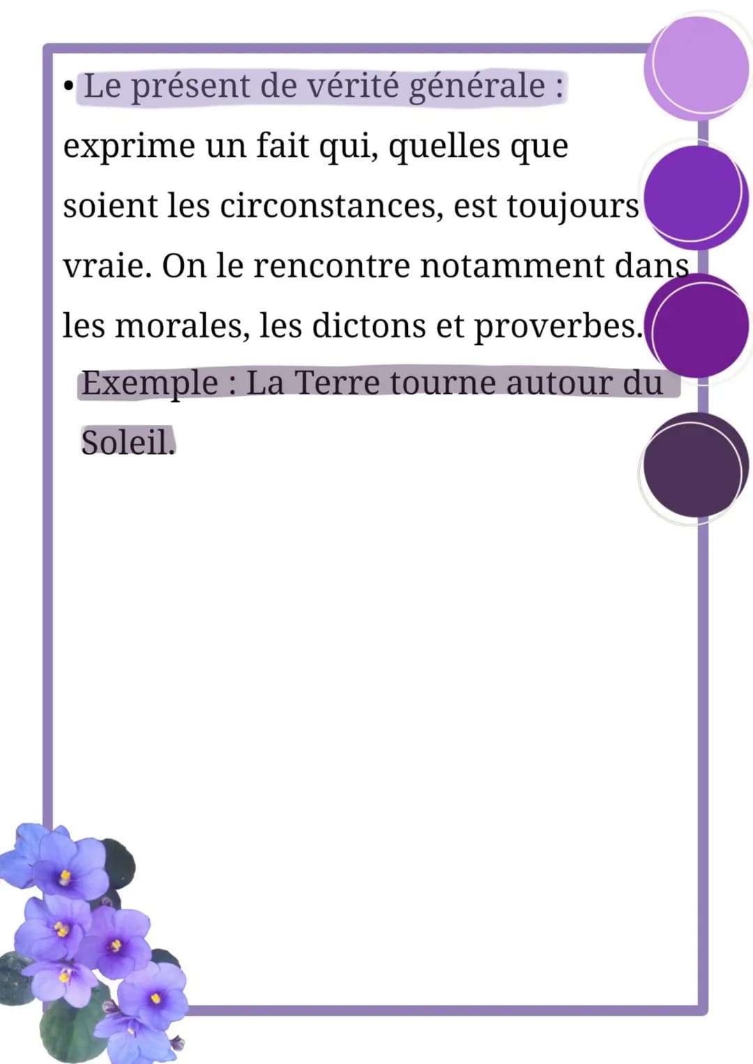 Les valeurs du présent
On peut distinguer : le présent
d'énonciation, le présent de vérité
générale et le présent de narration.
Le présent d