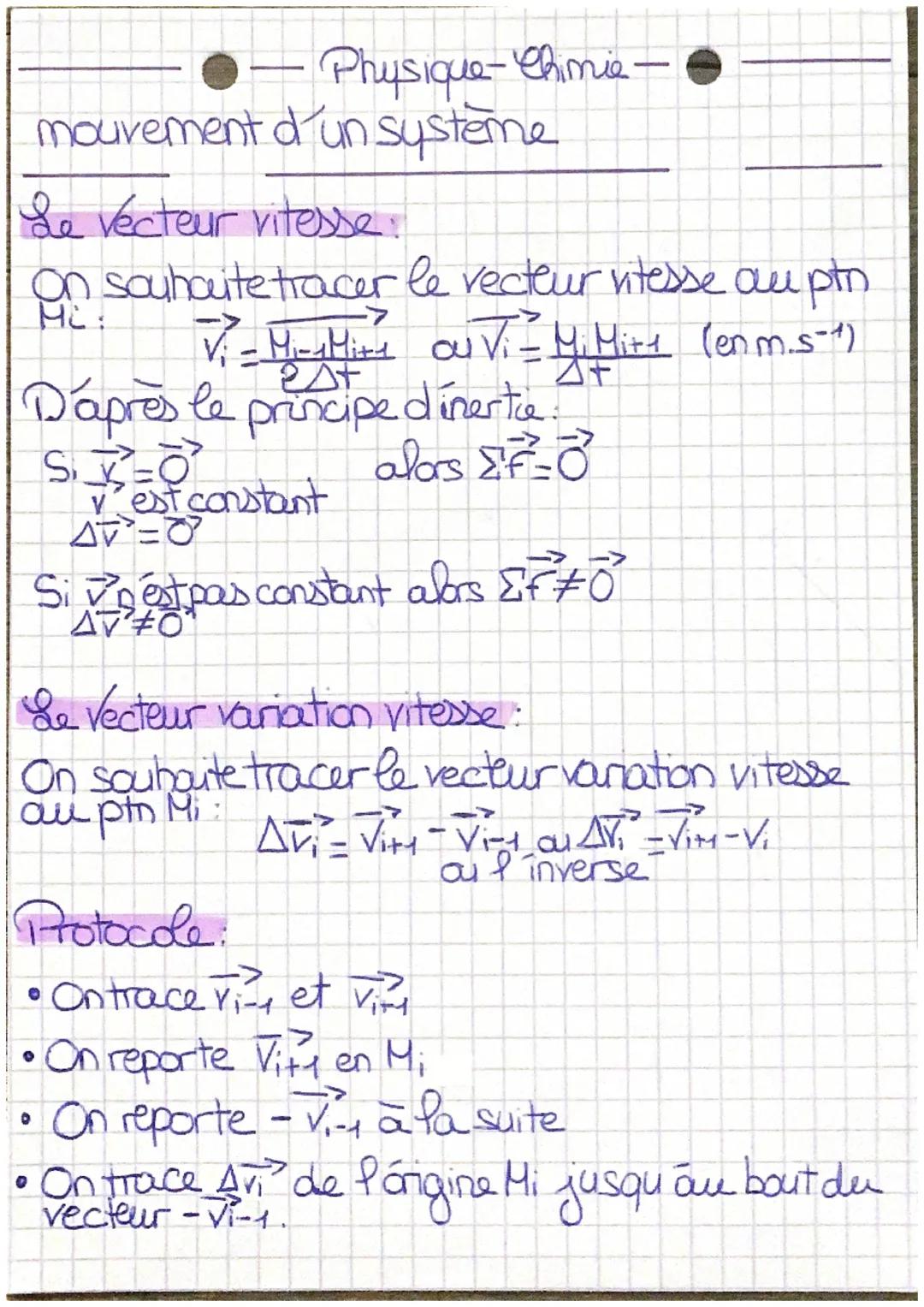- Physique-Chimie-
mouvement d'un système

Le vecteur vitesse:
On souhaite tracer le vecteur vitesse au ptn
$M_i$:
$\overrightarrow{V_i} = \