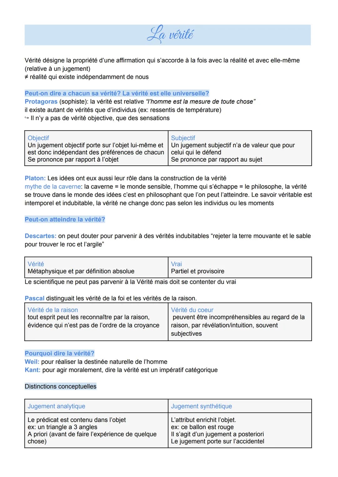 La vérité
Vérité désigne la propriété d'une affirmation qui s'accorde à la fois avec la réalité et avec elle-même
(relative à un jugement)
#