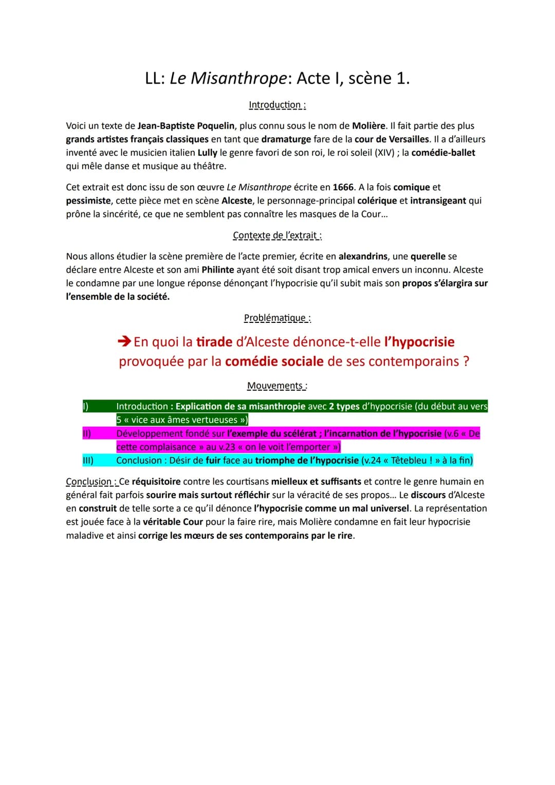 LL: Le Misanthrope: Acte I, scène 1.
Introduction:
Voici un texte de Jean-Baptiste Poquelin, plus connu sous le nom de Molière. Il fait part
