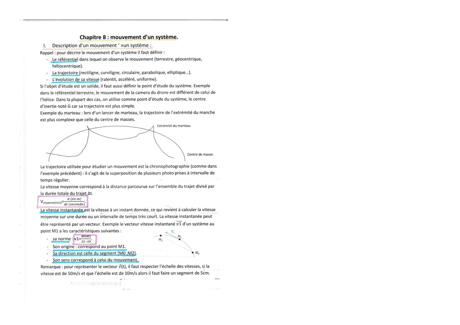 Chapitre 8: mouvement d'un système.
I. Description d'un mouvement' »un système :
Rappel : pour décrire le mouvement d'un système il faut déf