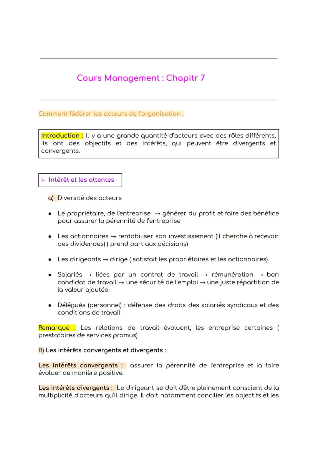 Cours Management: Chapitr 7
Comment fédérer les acteurs de l'organisation :
Introduction : Il y a une grande quantité d'acteurs avec des rôl