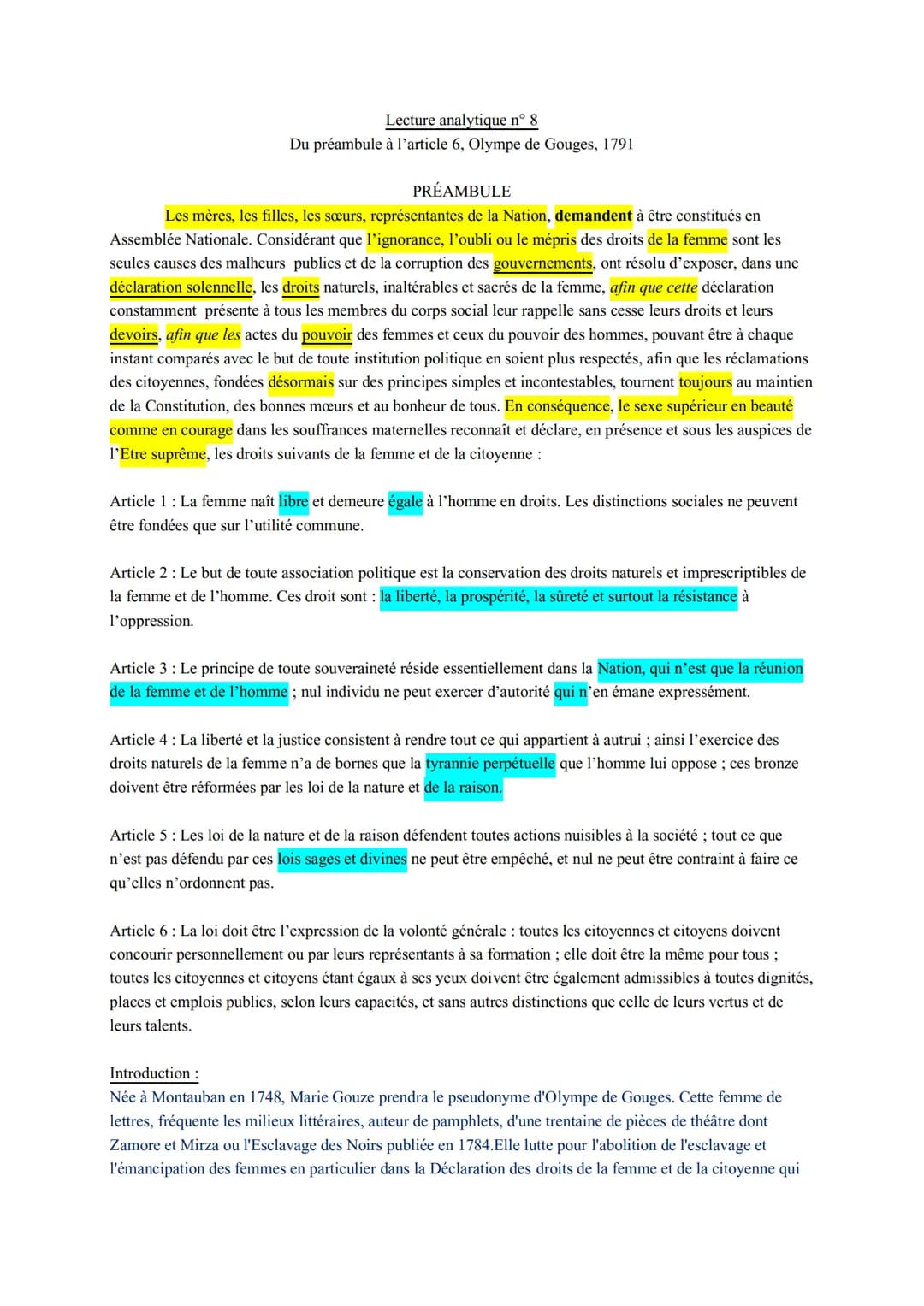 Lecture analytique n° 8
Du préambule à l'article 6, Olympe de Gouges, 1791
PRÉAMBULE
Les mères, les filles, les sœurs, représentantes de la 