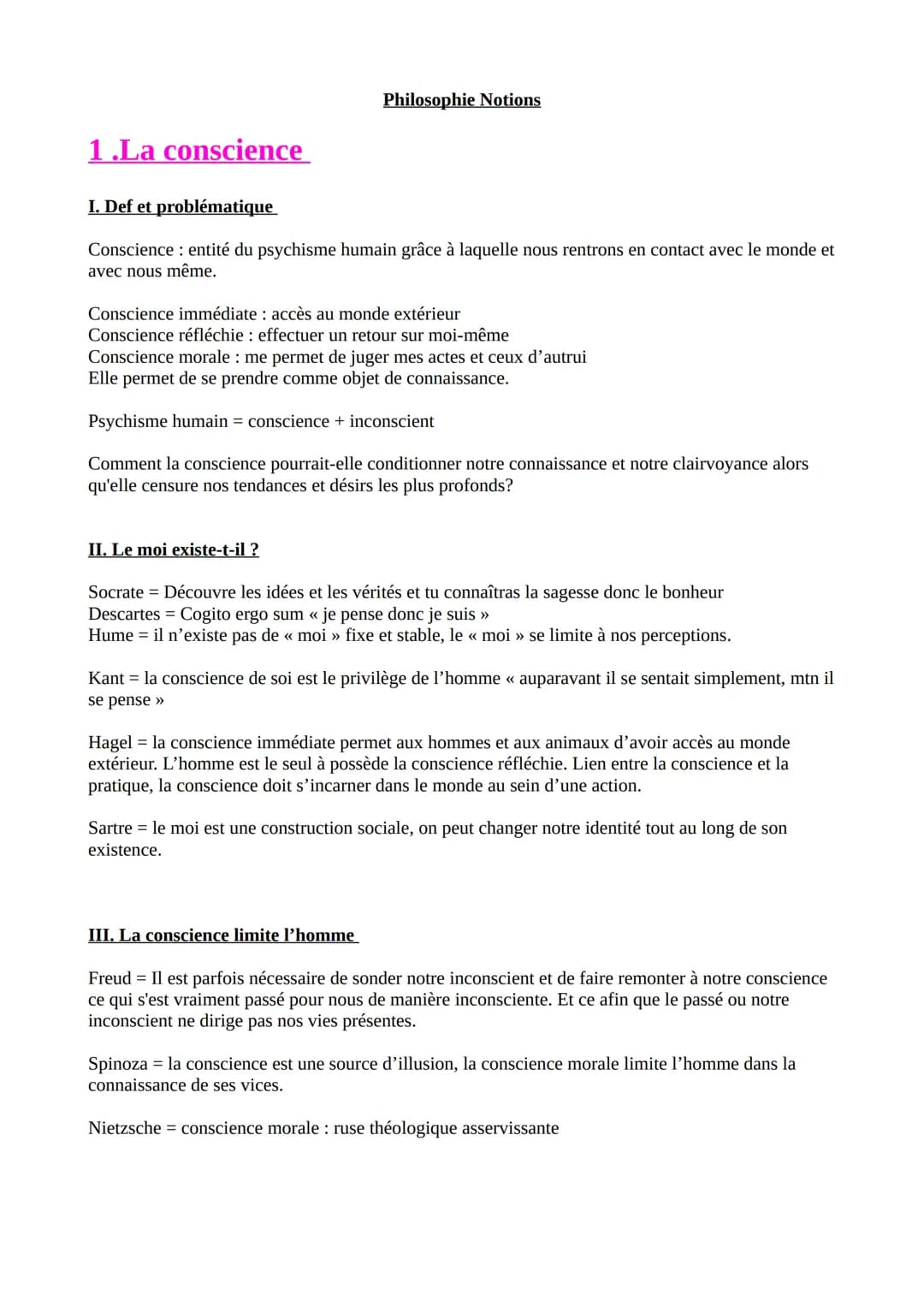 1.La conscience
I. Def et problématique
Conscience entité du psychisme humain grâce à laquelle nous rentrons en contact avec le monde et
ave