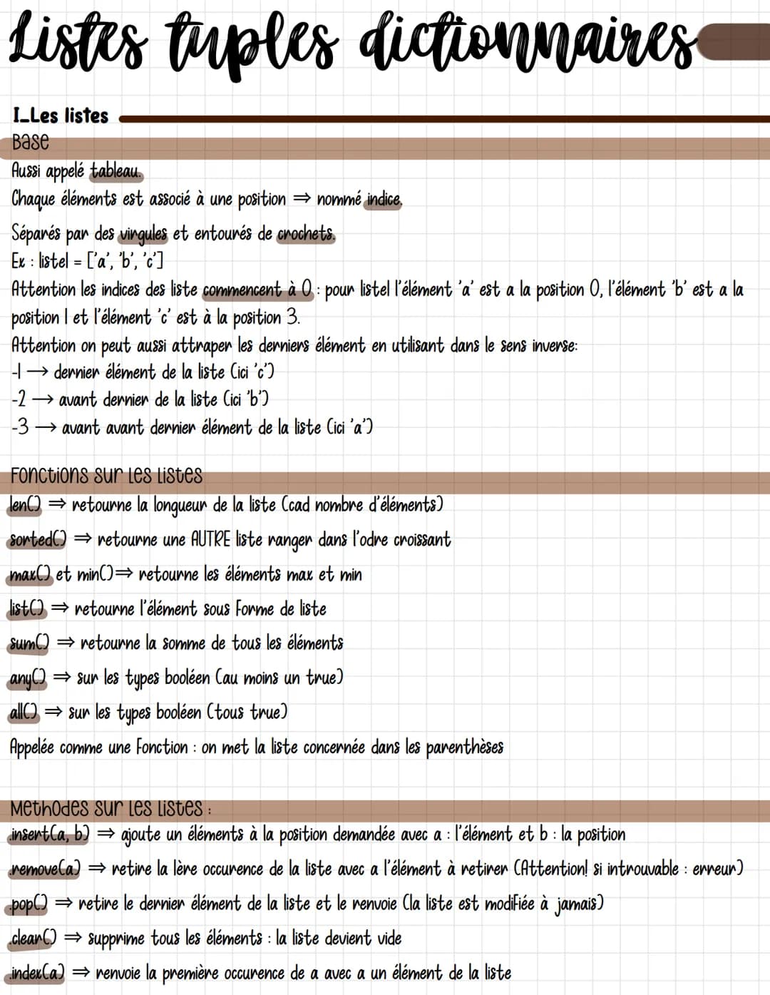Listes tuples dictionnaires
I_Les listes
Base
Aussi appelé tableau.
Chaque éléments est associé à une position ⇒ nommé indice.
Séparés par d
