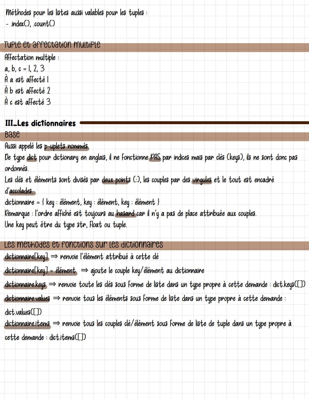 Listes tuples dictionnaires
I_Les listes
Base
Aussi appelé tableau.
Chaque éléments est associé à une position ⇒ nommé indice.
Séparés par d