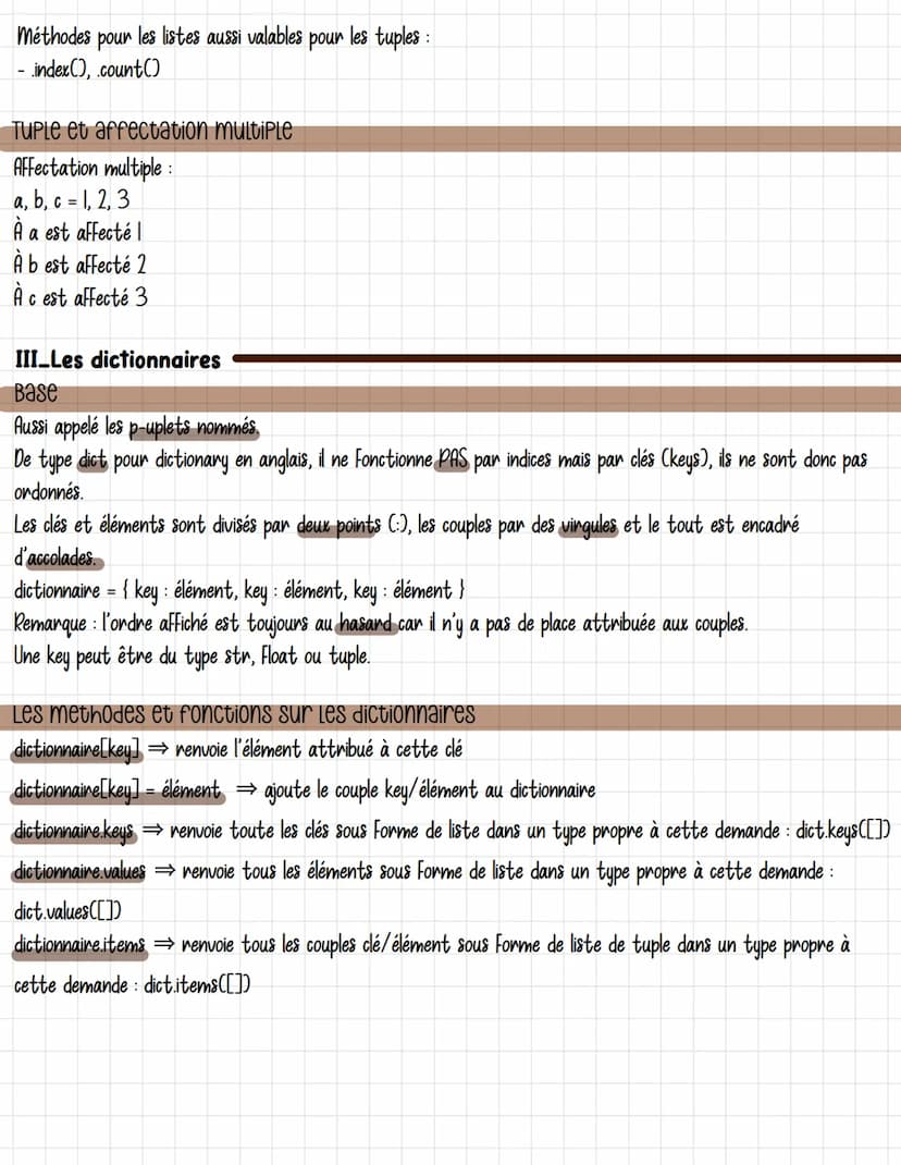 Listes tuples dictionnaires
I_Les listes
Base
Aussi appelé tableau.
Chaque éléments est associé à une position ⇒ nommé indice.
Séparés par d