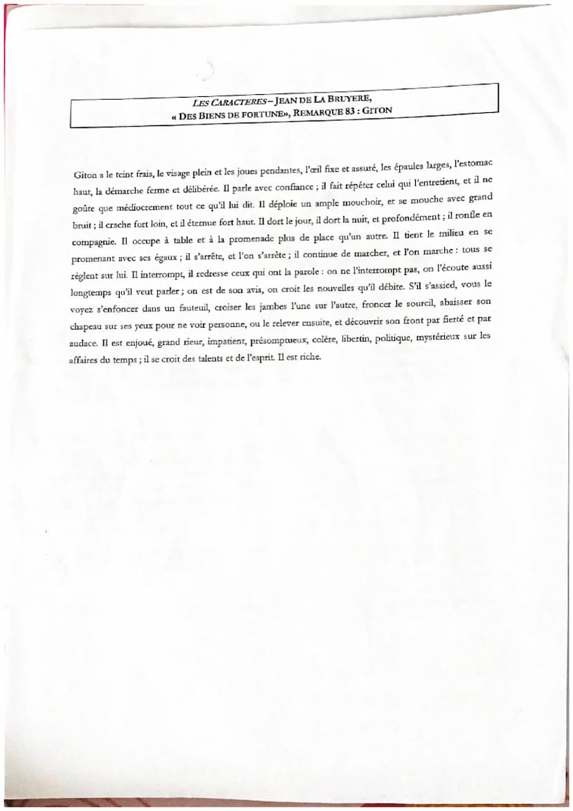 Introduction:
LES CARACTERES-JEAN DE LA BRUYERE,
«DES BIENS DE FORTUNE», REMARQUE 83: GITON
Contextualisation :
Dernier portrait du livre VI