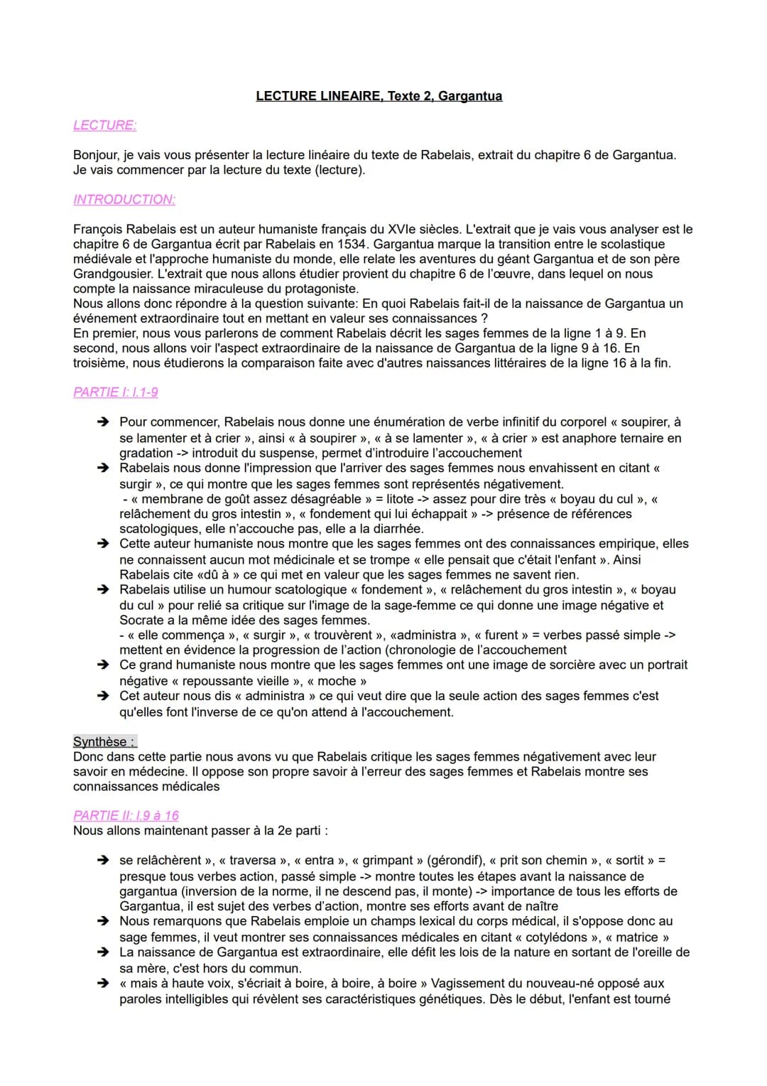 LECTURE LINEAIRE, Texte 2, Gargantua
LECTURE:
Bonjour, je vais vous présenter la lecture linéaire du texte de Rabelais, extrait du chapitre 