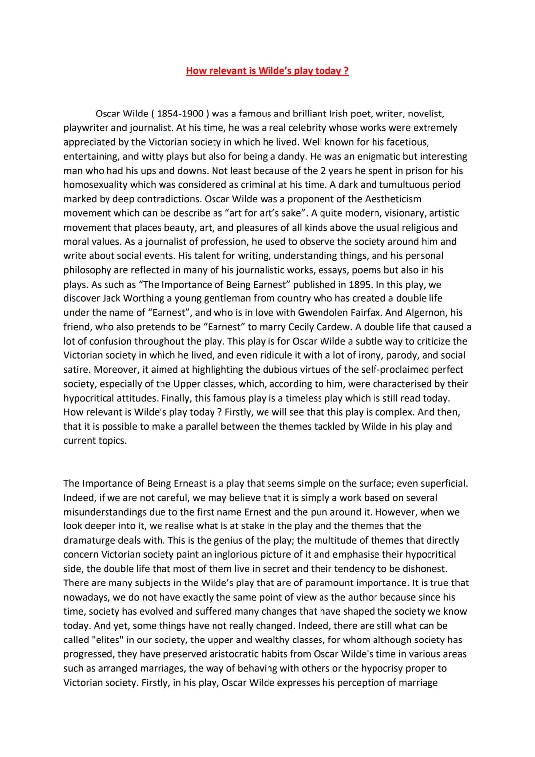 How relevant is Wilde's play today?
Oscar Wilde (1854-1900) was a famous and brilliant Irish poet, writer, novelist,
playwriter and journali
