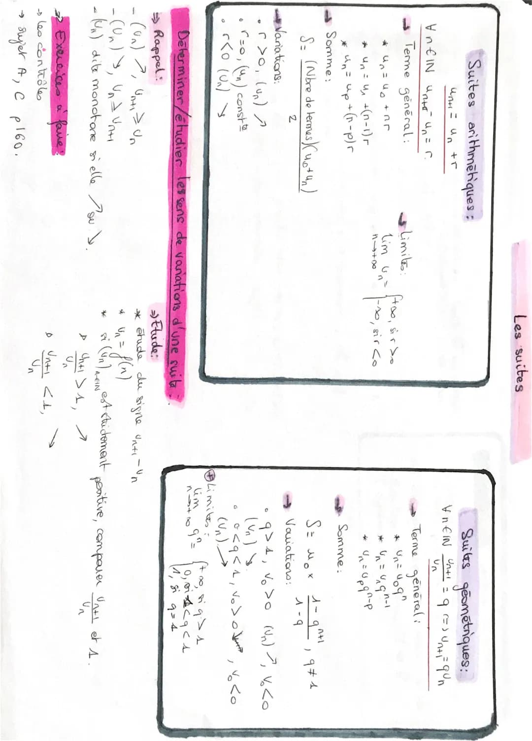 Suites arithmetiques:
unti = un tr
Vnfin unter un = r.
Terme general:
* 4₁=4₁ +nr
* un= u₁₂₁ + (n-1) r
* un= up + (-p)r
Somme:
S= (Nbre de t