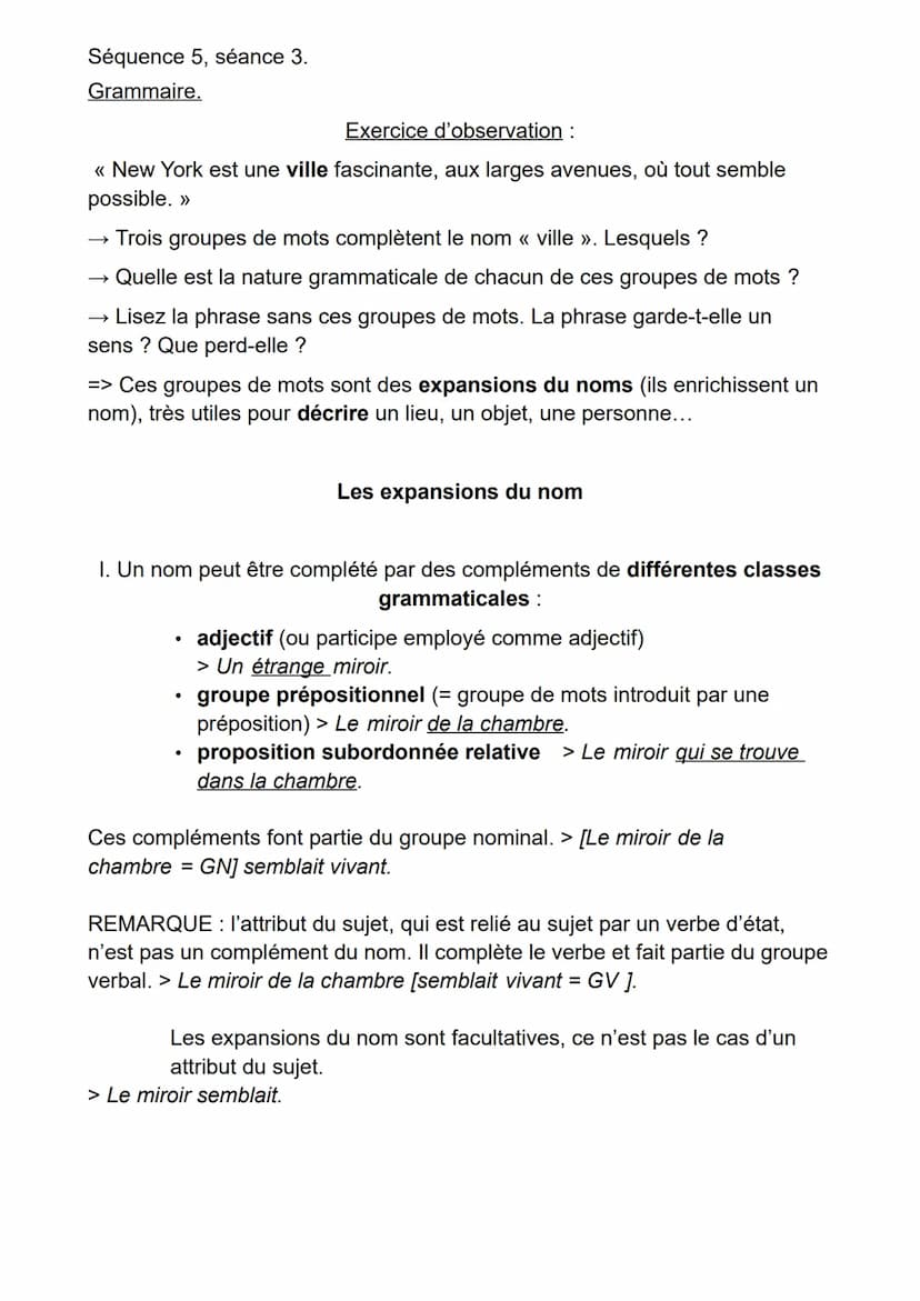Séquence 5, séance 3.
Grammaire.
Exercice d'observation :
<< New York est une ville fascinante, aux larges avenues, où tout semble possible.