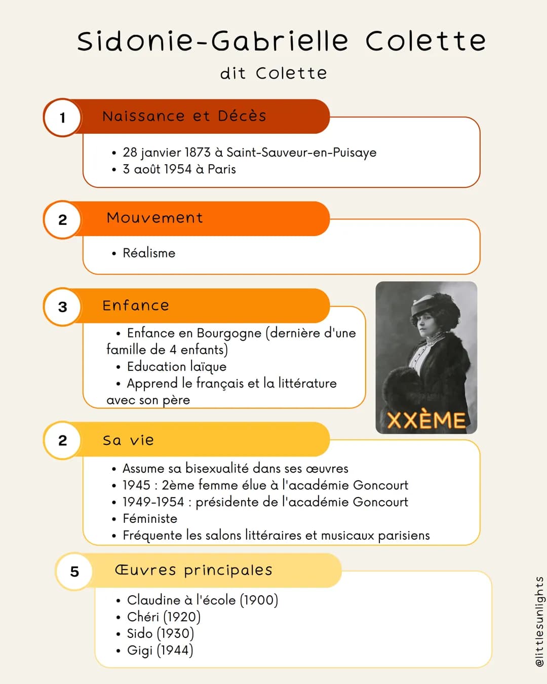 2
3
2
Sidonie-Gabrielle Colette
dit Colette
5
Naissance et Décès
28 janvier 1873 à Saint-Sauveur-en-Puisaye
●
3 août 1954 à Paris
●
Mouvemen