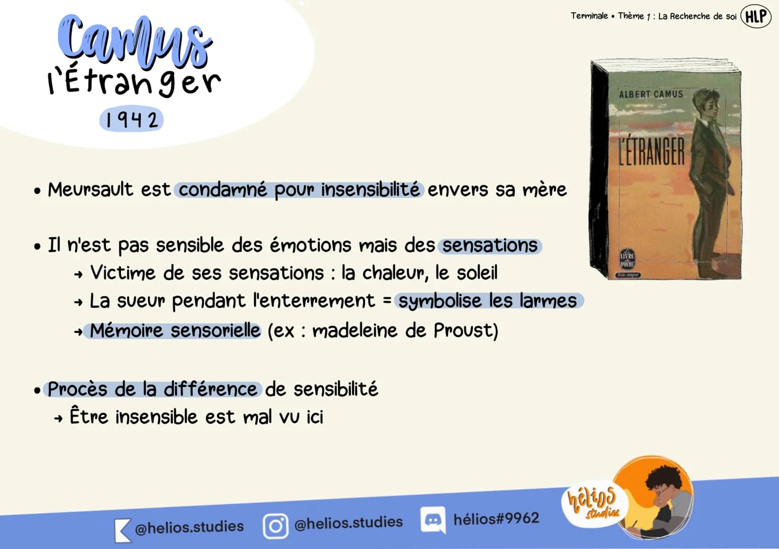 Camur
l'Étranger
1942
• Meursault est condamné pour insensibilité envers sa mère
• Il n'est pas sensible des émotions mais des sensations
→ 