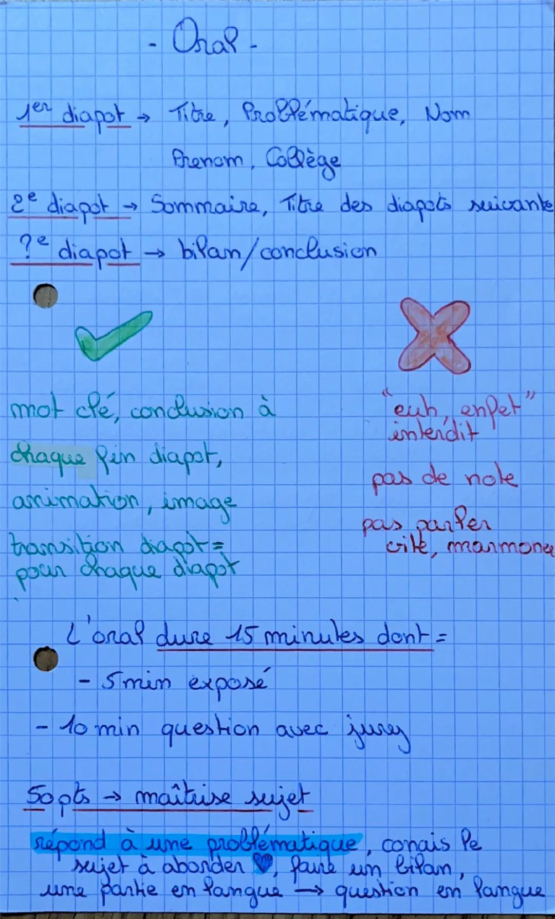 --- OCR Start ---
Oral-
jer diapot → Titre, Problématique, Nom
Prenom, Collège
2e diapot → Sommaire, Titre des diapos suicante
?e diapot → b