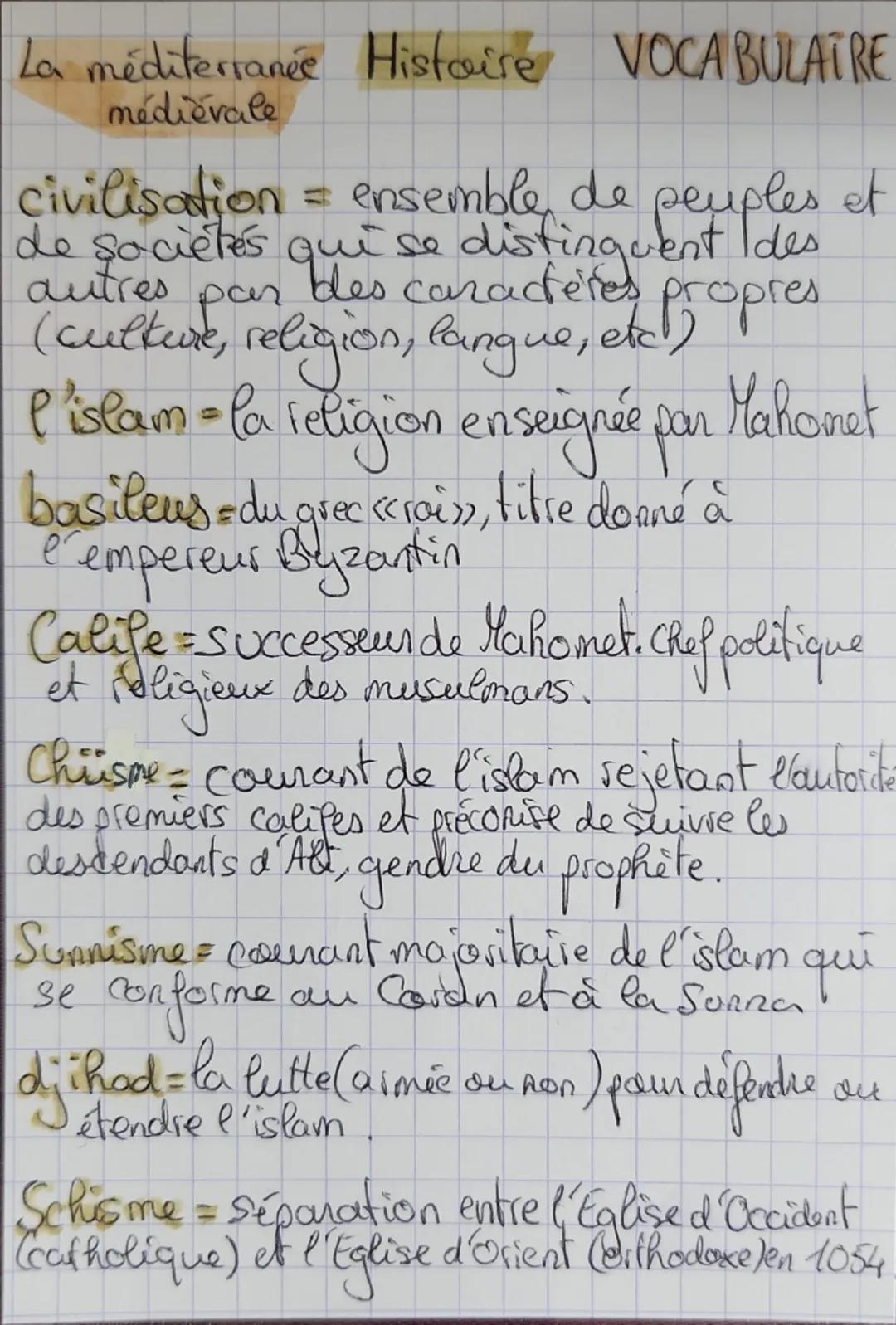 La méditerranée Histoire VOCABULATRE
médiévale
civilisation = ensemble de peuples et
de sociétés qui se distinguent Ides
des caractères
autr