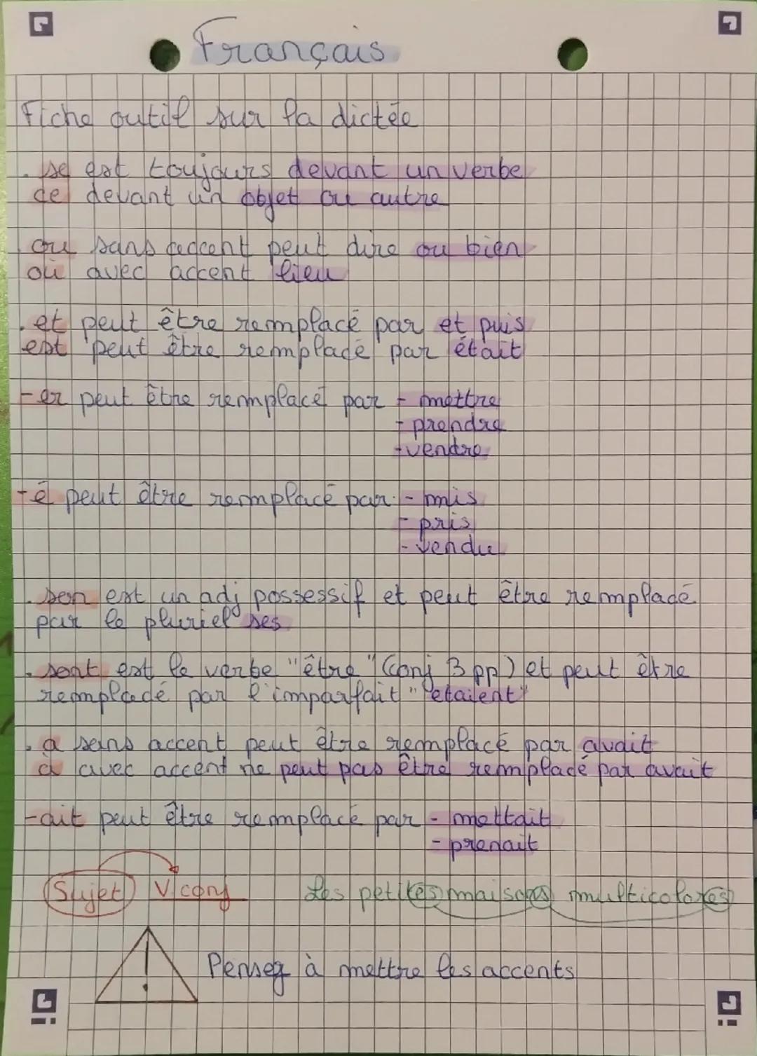 # Français

Fiche outil sur la dictée

• se est toujours devant un verbe
ce devant un objet ou autre

ou sans caccent peut dire ou bien
ou a
