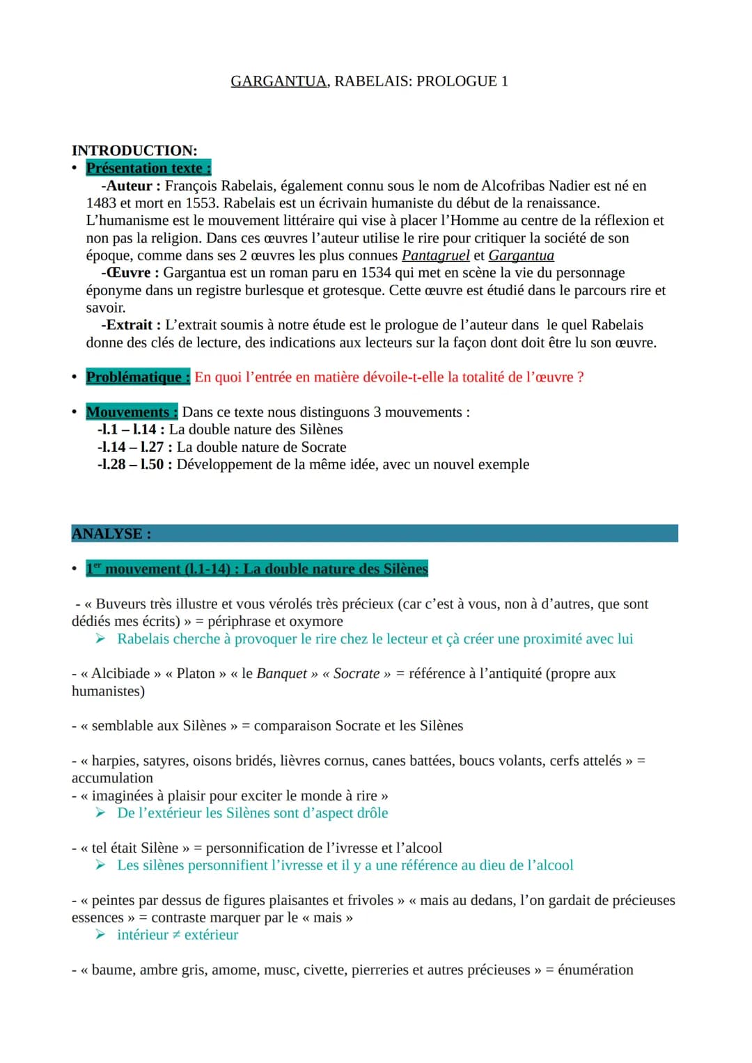 GARGANTUA, RABELAIS: PROLOGUE 1
INTRODUCTION:
• Présentation texte :
-Auteur : François Rabelais, également connu sous le nom de Alcofribas 