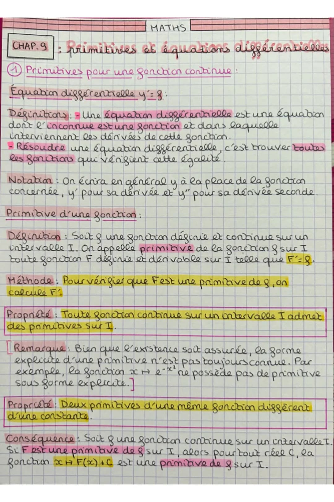 MATHS
CHAP. 9: primitives et équations différentielles
41 Primitives pour une fonction continue :
Équation différentielle y = 8:
Définitions