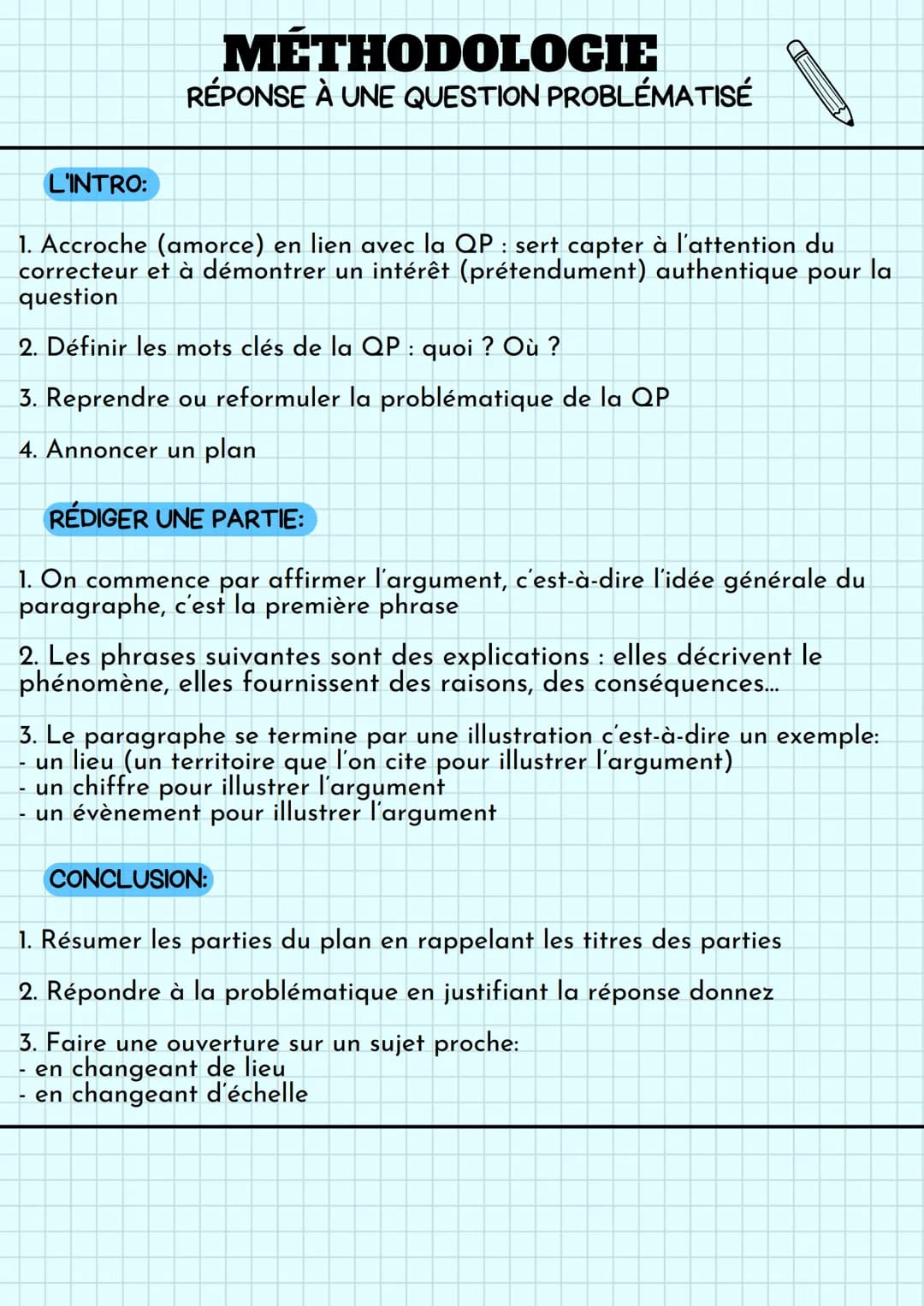 L'INTRO:
MÉTHODOLOGIE
RÉPONSE À UNE QUESTION PROBLÉMATISÉ
1. Accroche (amorce) en lien avec la QP: sert capter à l'attention du
correcteur e