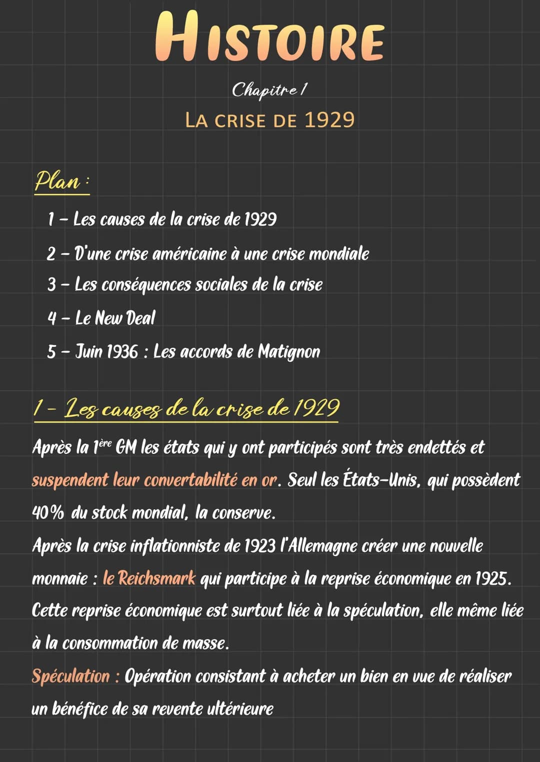 HISTOIRE
Chapitre
1
LA CRISE DE 1929
Plan:
1- Les causes de la crise de 1929
2 - D'une crise américaine à une crise mondiale
3 - Les conséqu