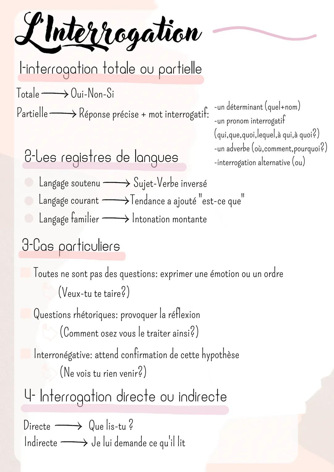 # L'Interrogation

I-Interrogation totale ou partielle

Totale $\longrightarrow$ Oui-Non-Si

Partielle $\longrightarrow$ Réponse précise + m