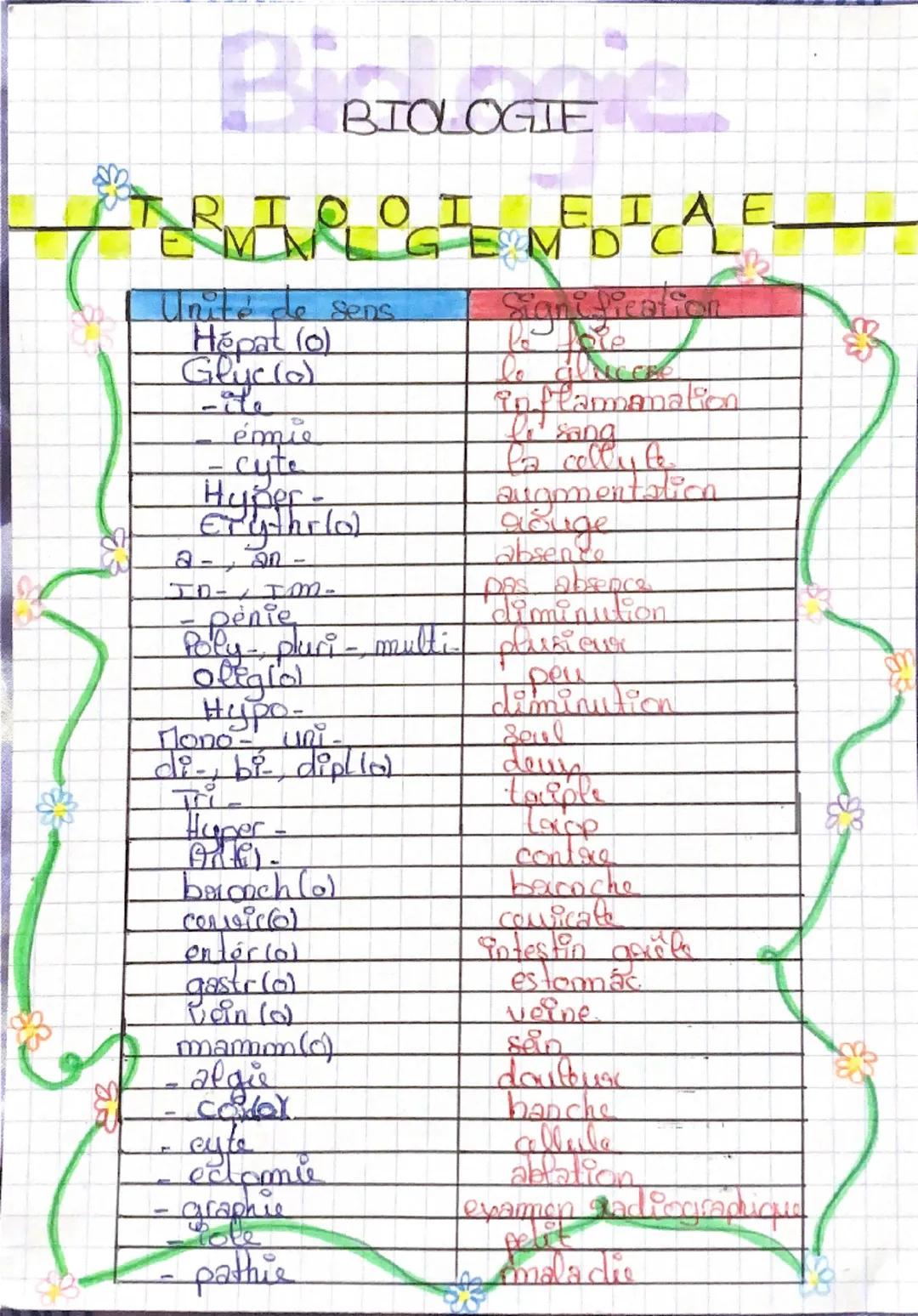 BIOLOGIE
RIO OI EIAE
MMG EM D CL
GEMDC
Unité de sens
Signification
Hépat (0)
to fore
Glyc(o)
-
émie
cyte
Hyper-
Erythrial
a-, an
JD-TO-
-pén