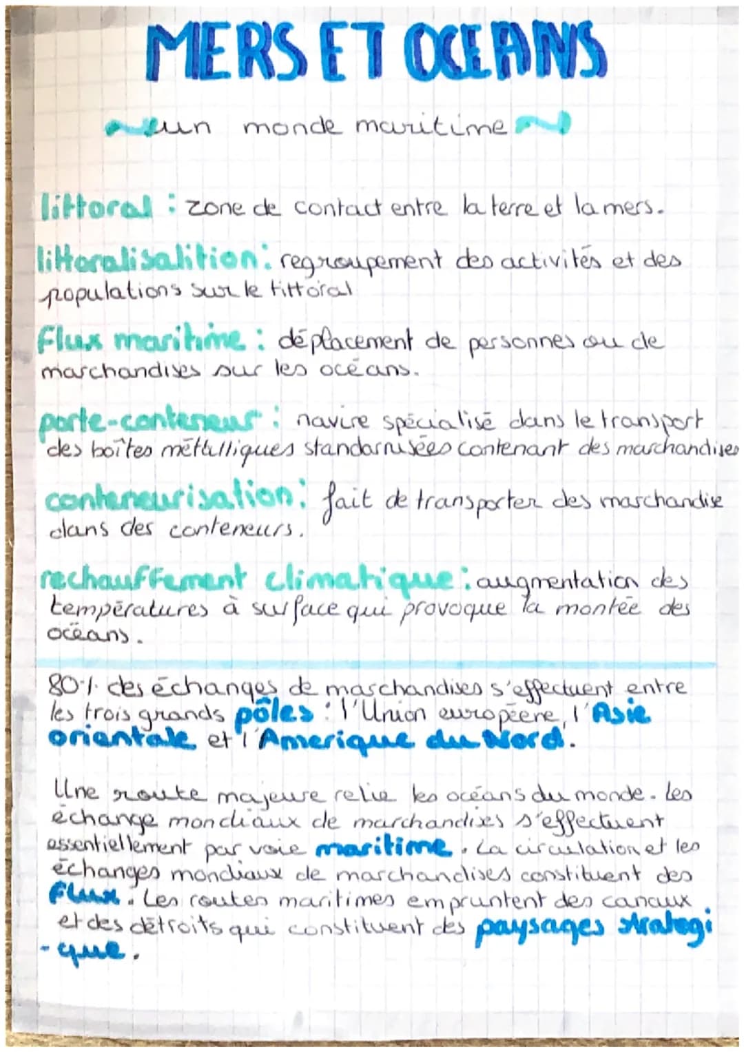 MERS ET OCEANS
un monde maritime
littoral: zone de contact entre la terre et la mers.
littoralisalition: regroupement des activités et des
p