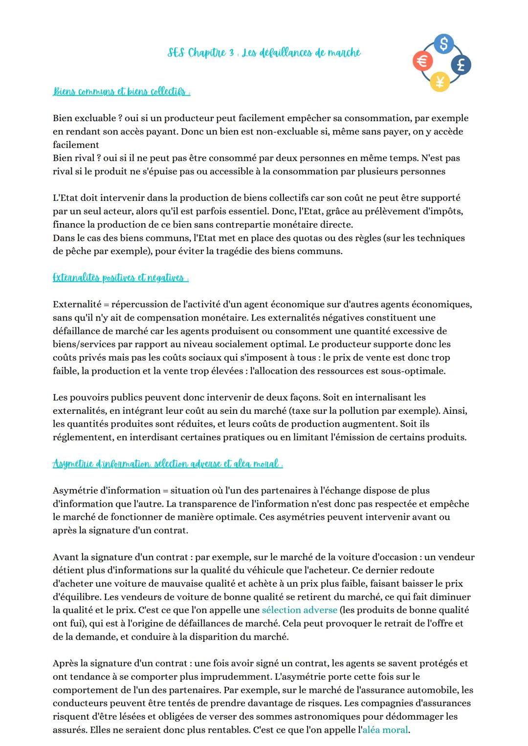 SES Chapitre 3: Les défaillances de marché
S
£
Biens communs et biens collectifs.
Bien excluable ? oui si un producteur peut facilement empê