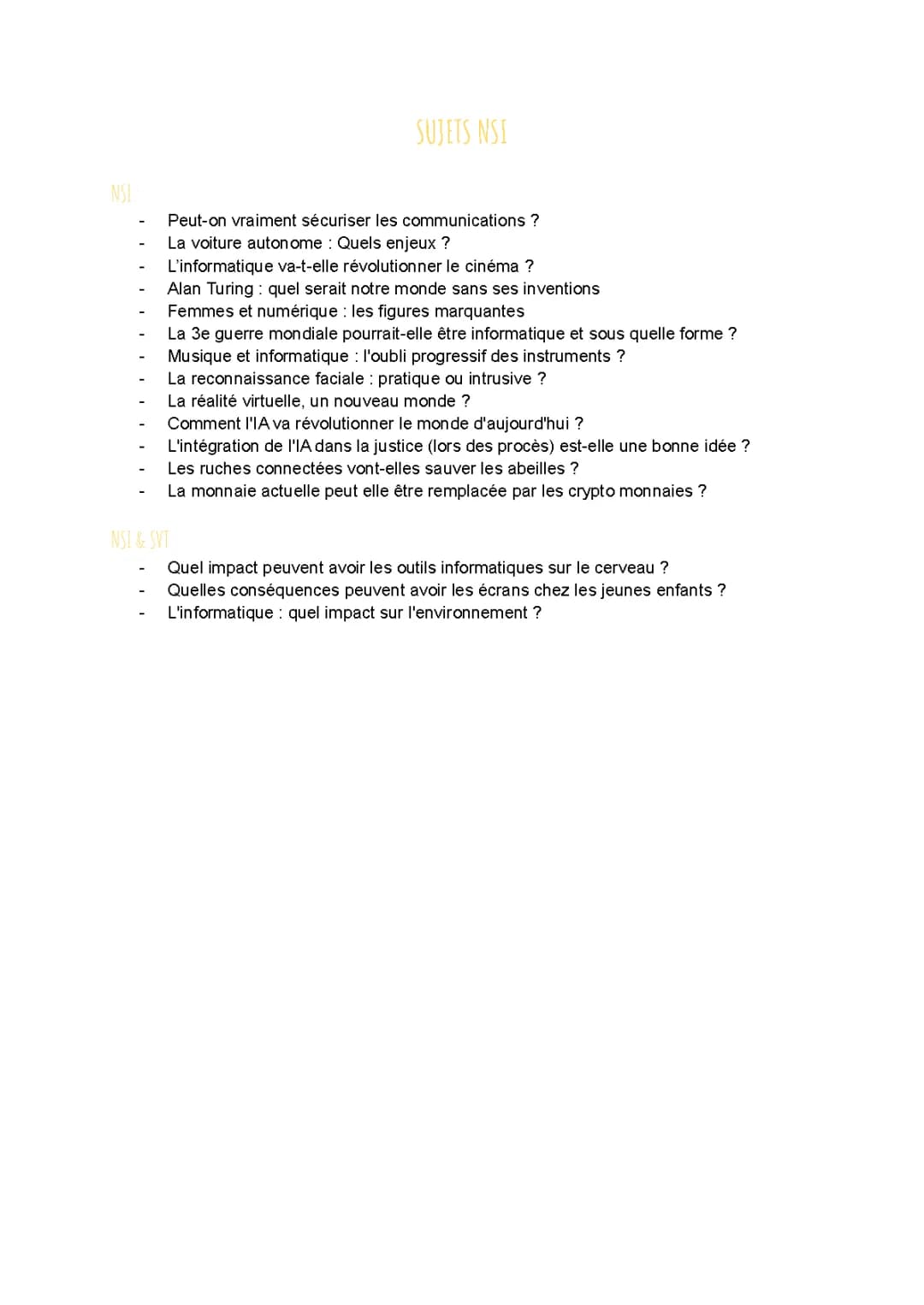 Sujets Grand Oral NSI