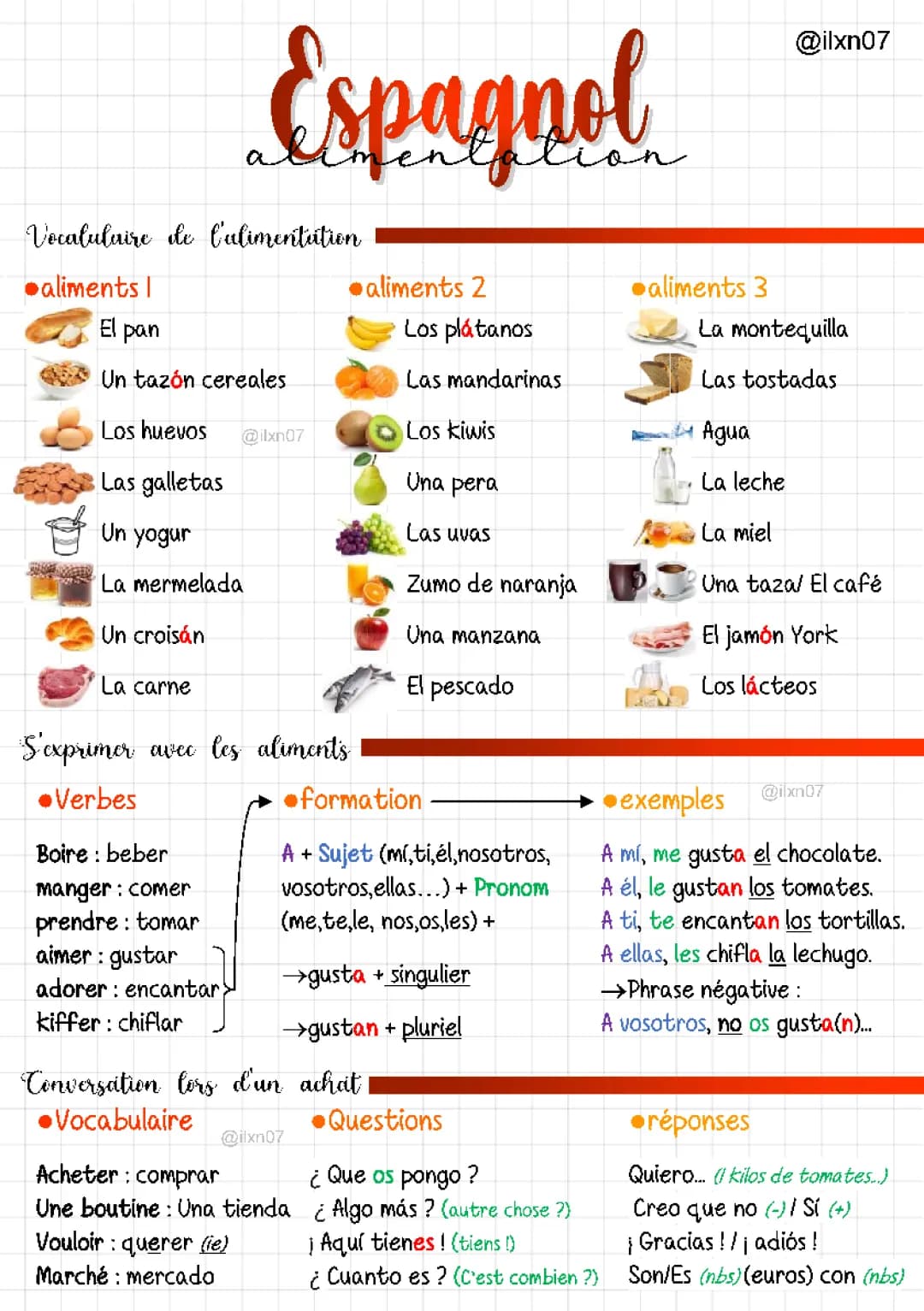 ESPAGNOL l'alimentation (vocabulaire, dire ce que l'on aime ou non, conversations...) (fiche quadrillée)