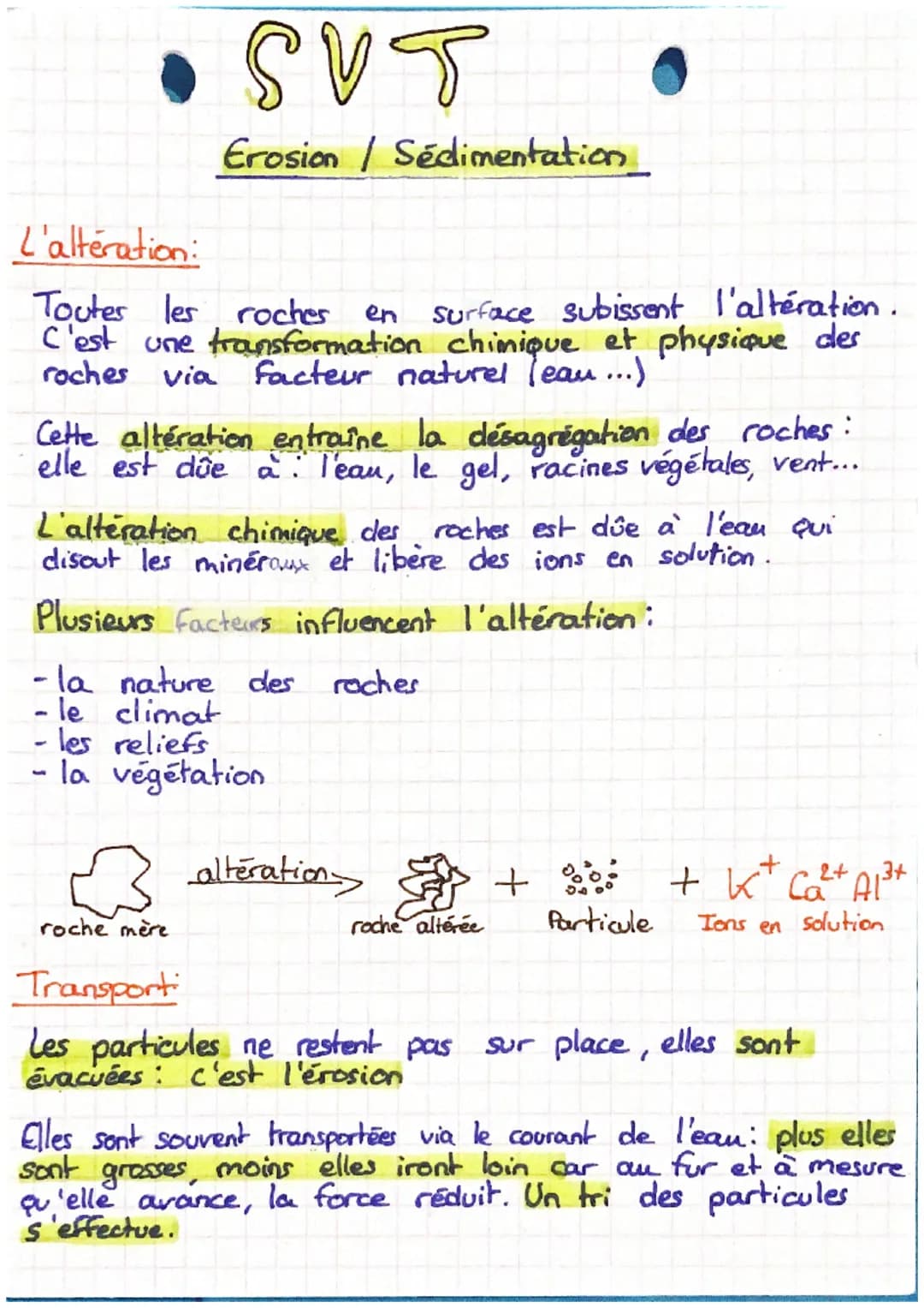 • SVT
L'altération:
Toutes les roches
Surface subissent l'altération.
C'est une transformation chimique et physique des
roches via facteur n