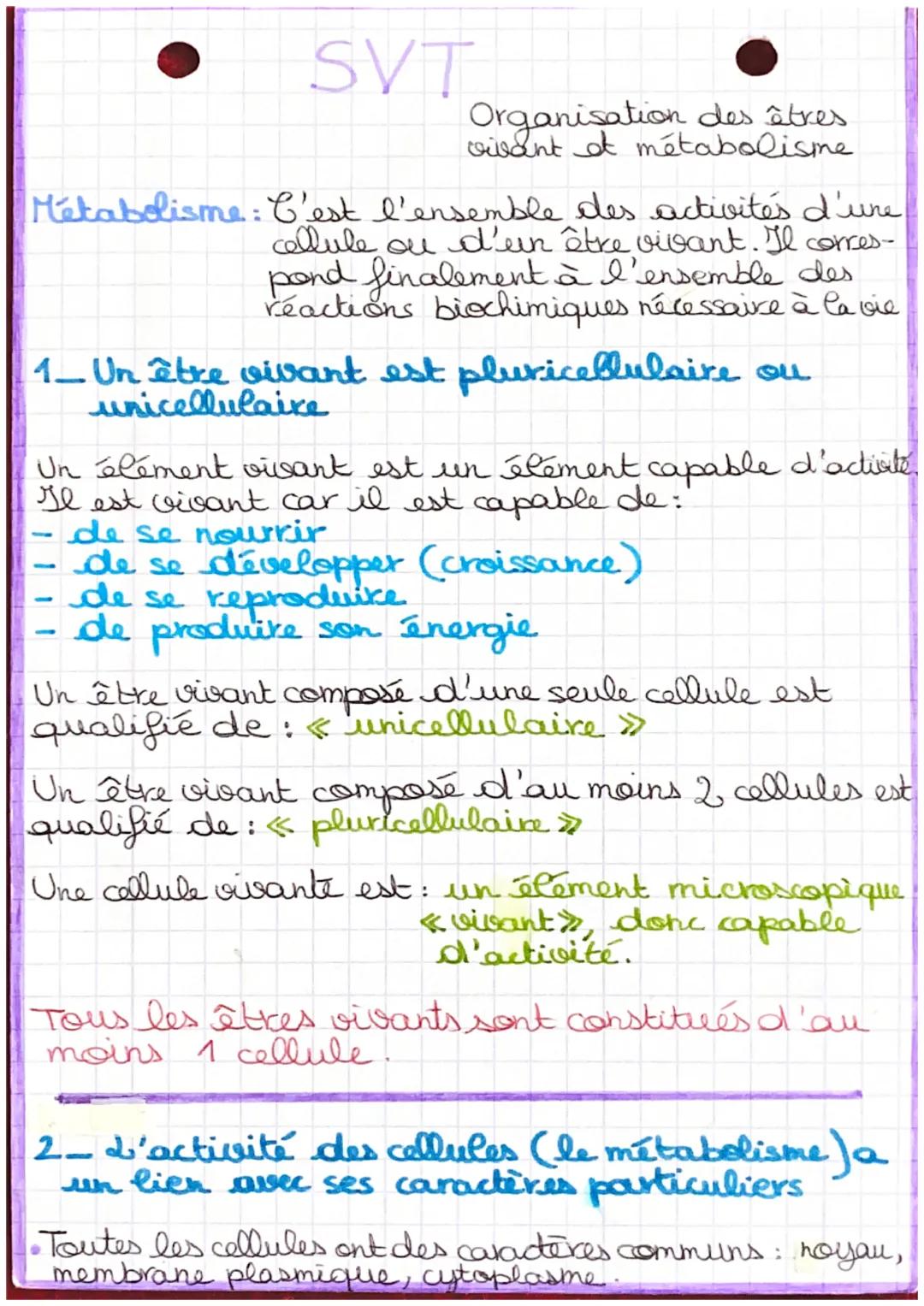 SVT
Metabolisme: C'est l'ensemble des activités d'une
cellule ou d'un être vivant. Il corres-
pond finalement à l'ensemble des
réactions bio