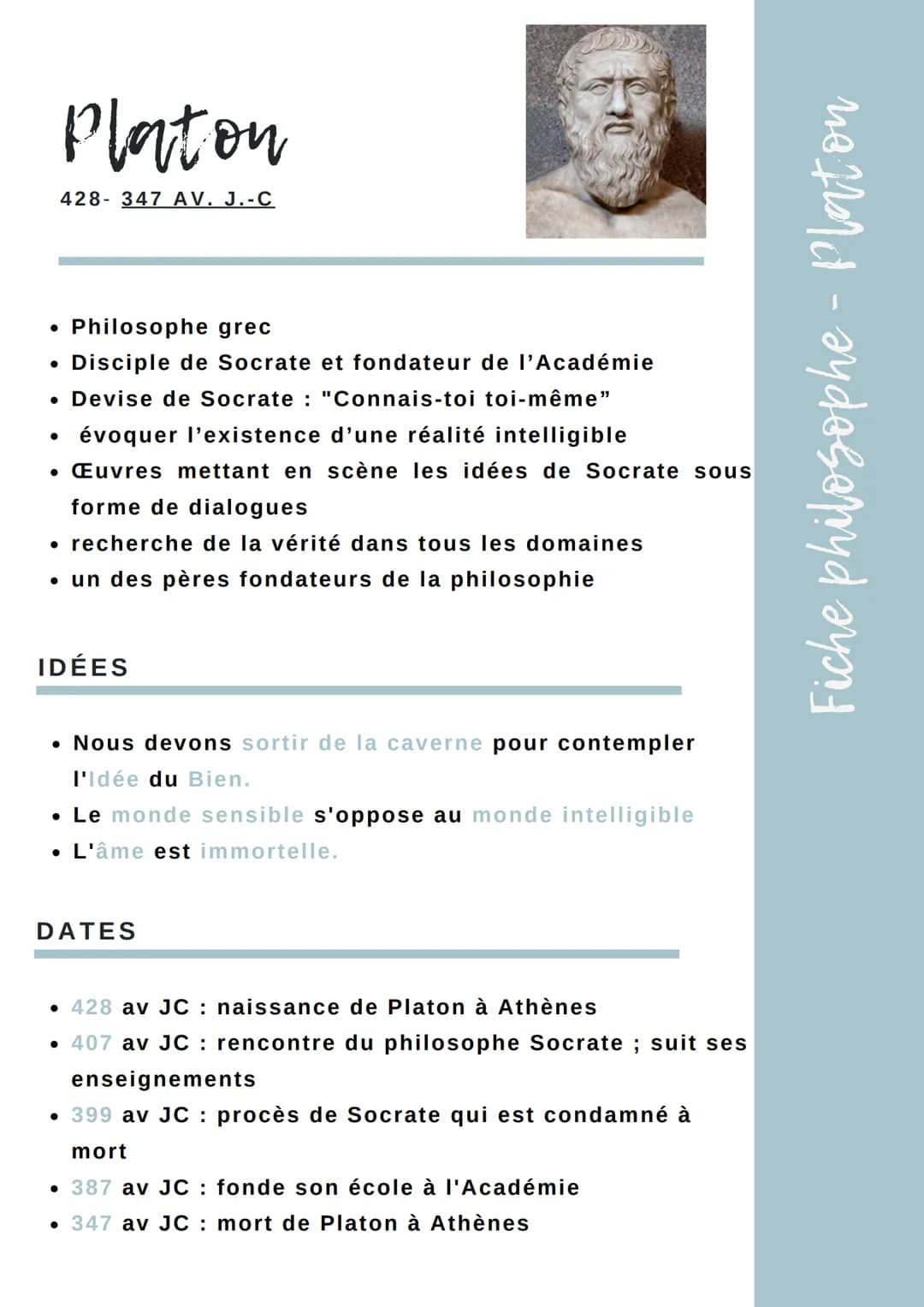 Platon
428- 347 AV. J.-C
Philosophe grec
Disciple de Socrate et fondateur de l'Académie
• Devise de Socrate : "Connais-toi toi-même"
●
●
évo