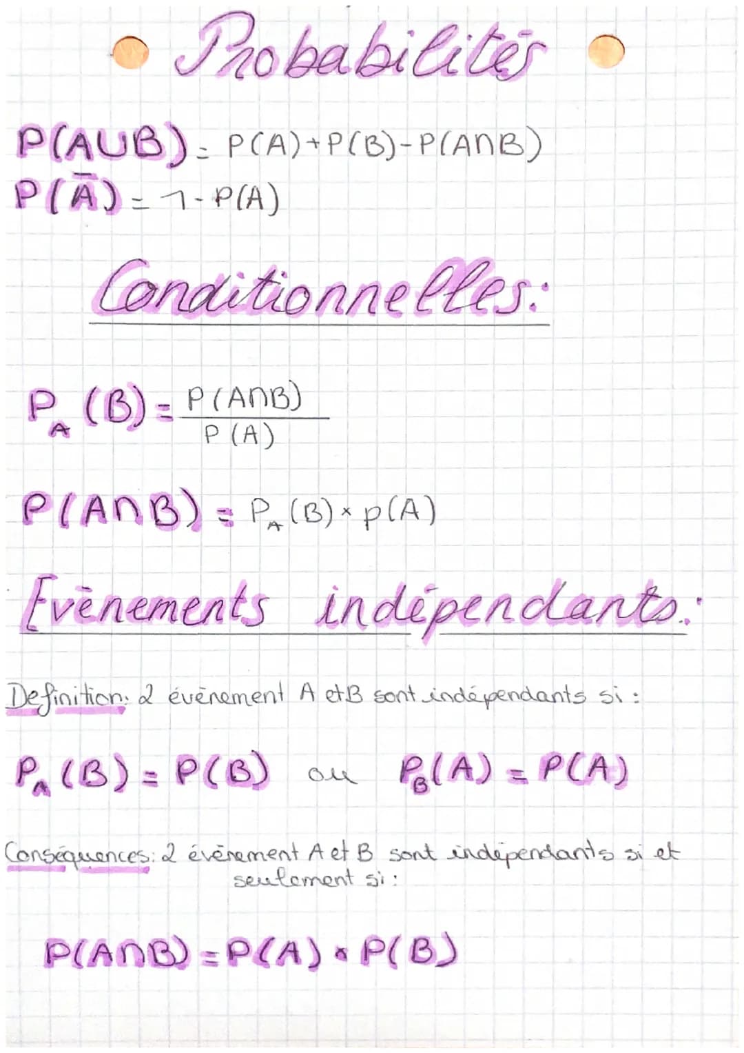 • Probabilites
P(AUB)= P(A) + P(B)-P(AMB)
P(A) - 1-P(A)
Conditionnelles:
P (B) = P(ANB)
P (A)
P(ANB) = P₂ (B) x p(A)
A
Evènements indépendan
